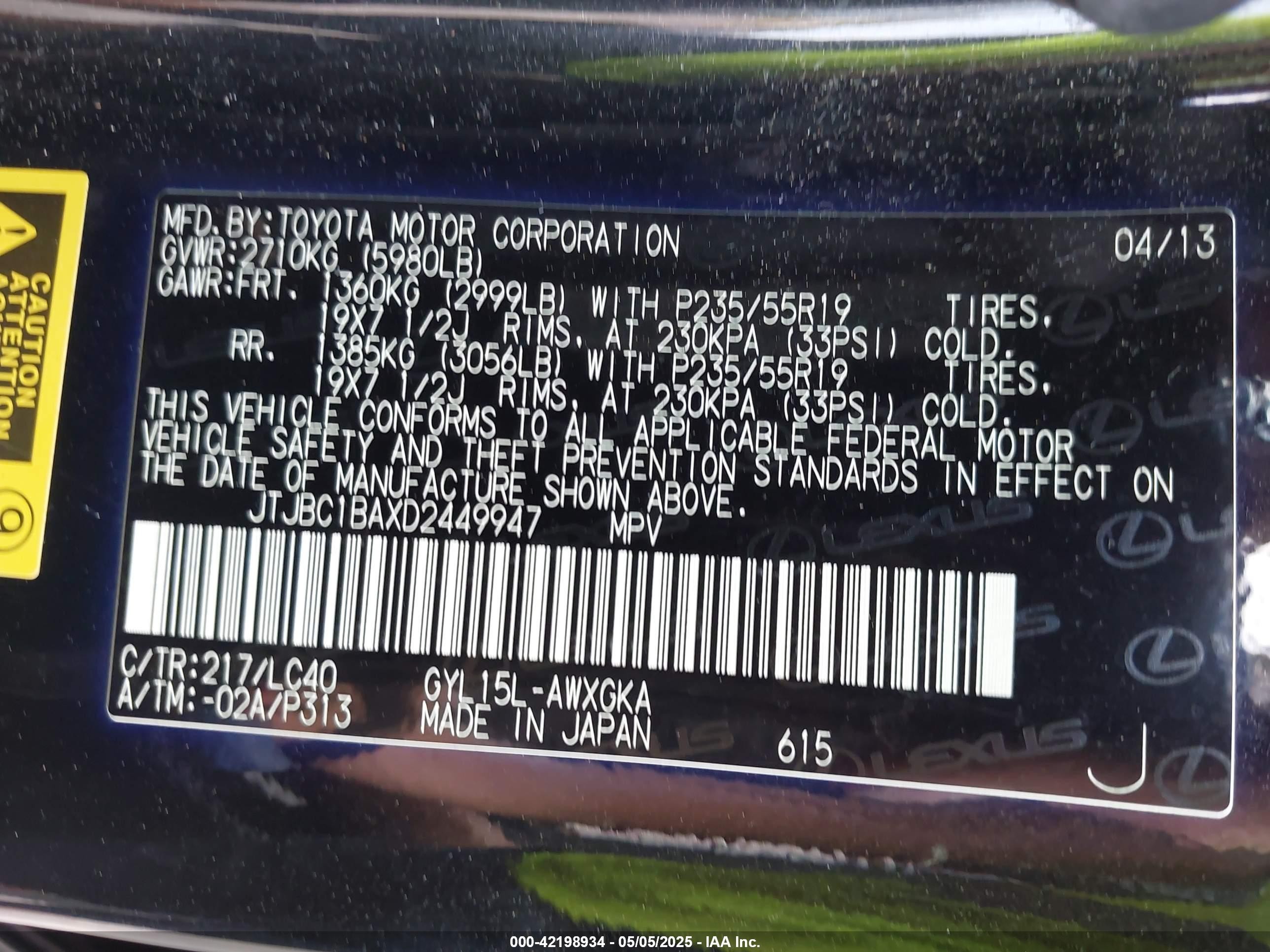 2013 Lexus Rx 450h   Black vin: JTJBC1BAXD2449947