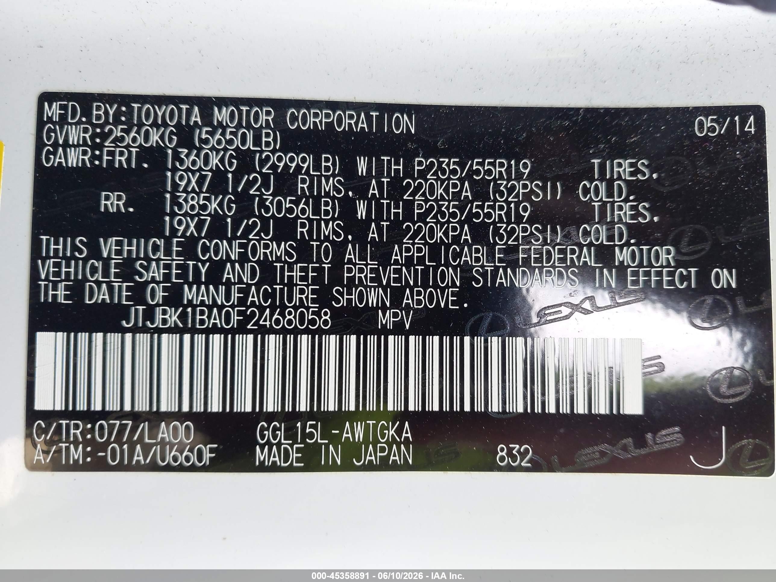 2015 Lexus Rx 350   White vin: JTJBK1BA0F2468058