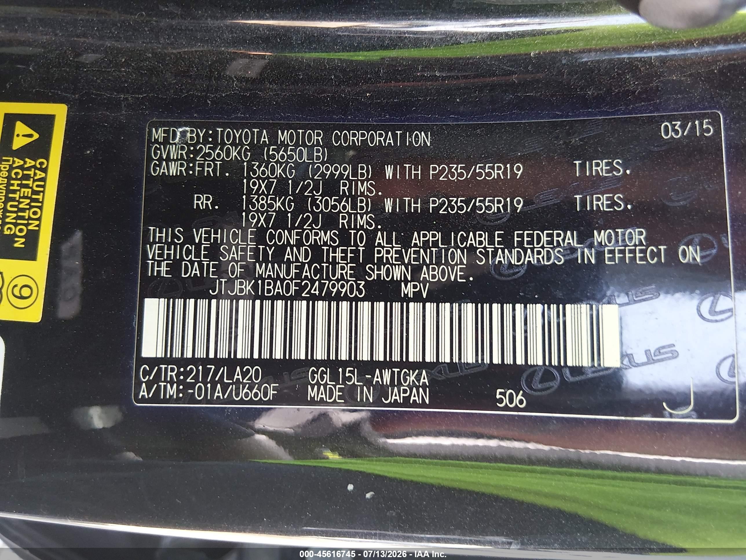 2015 Lexus Rx 350   Black vin: JTJBK1BA0F2479903