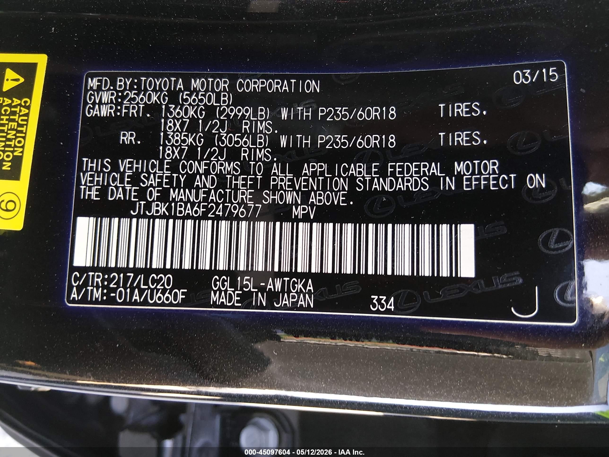 2015 Lexus Rx 350   Black vin: JTJBK1BA6F2479677