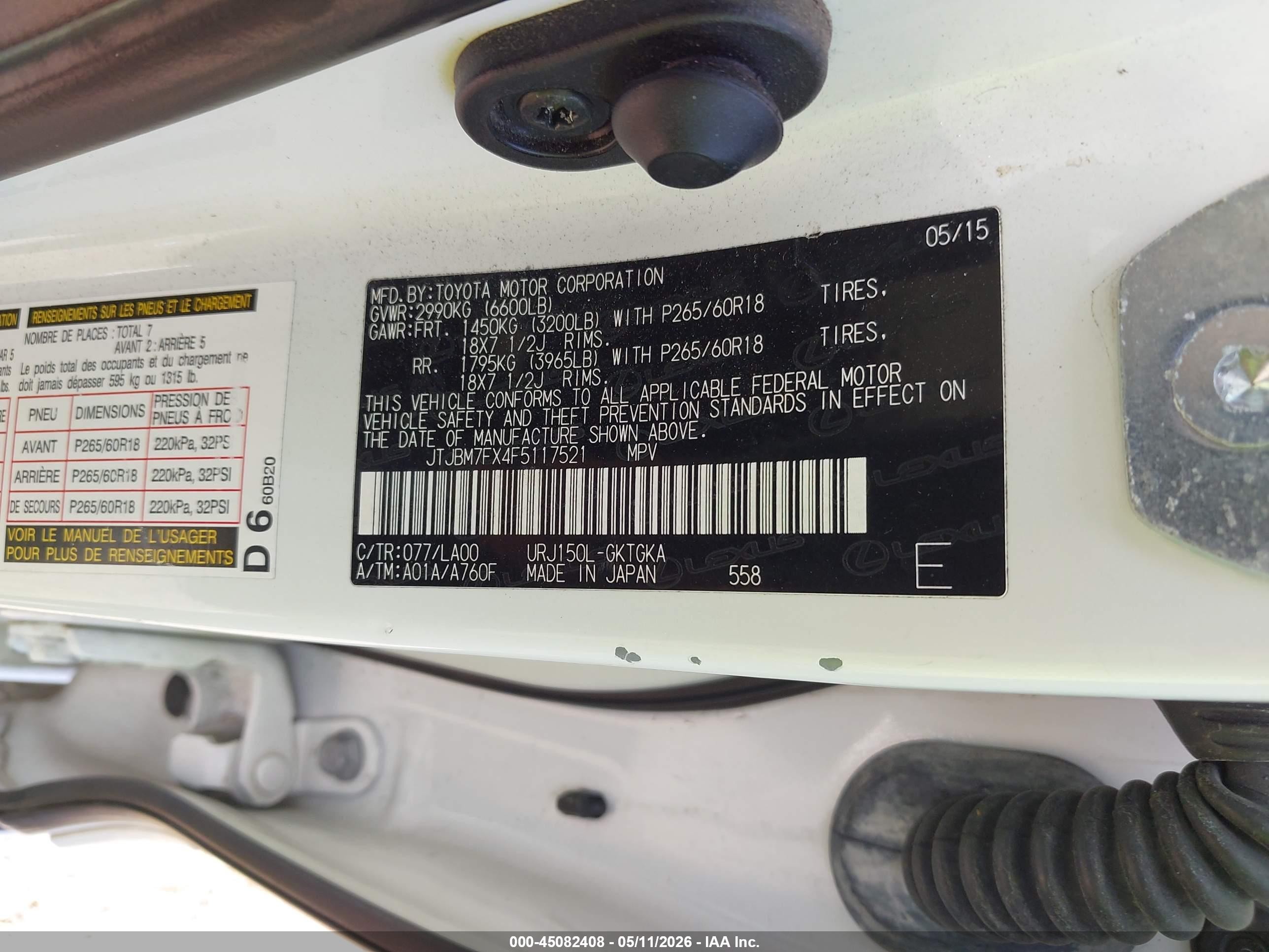 2015 Lexus Gx 460   White vin: JTJBM7FX4F5117521