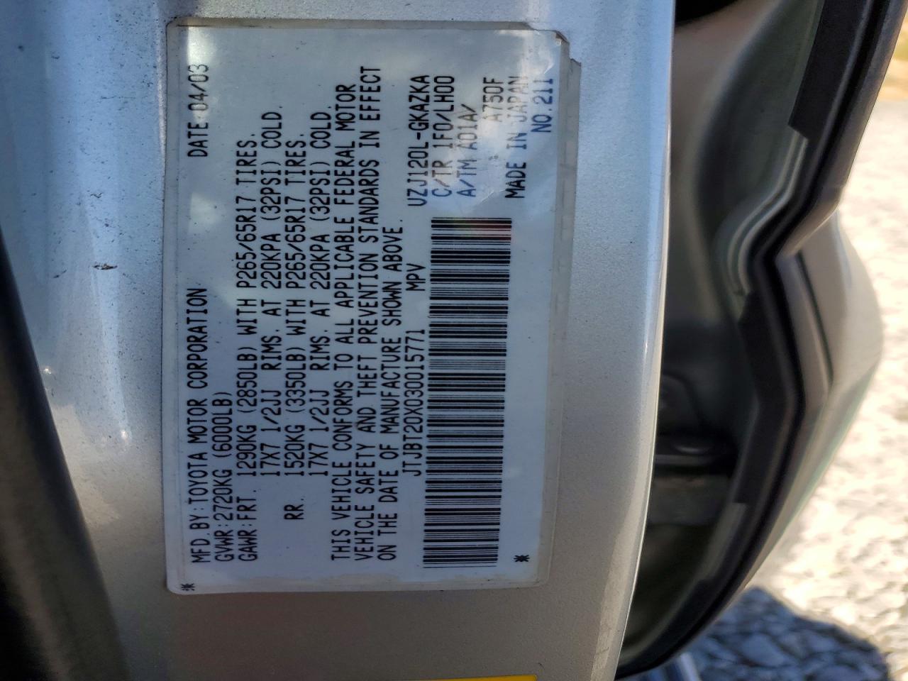 2003 Lexus Gx 470 Silver vin: JTJBT20X030015771
