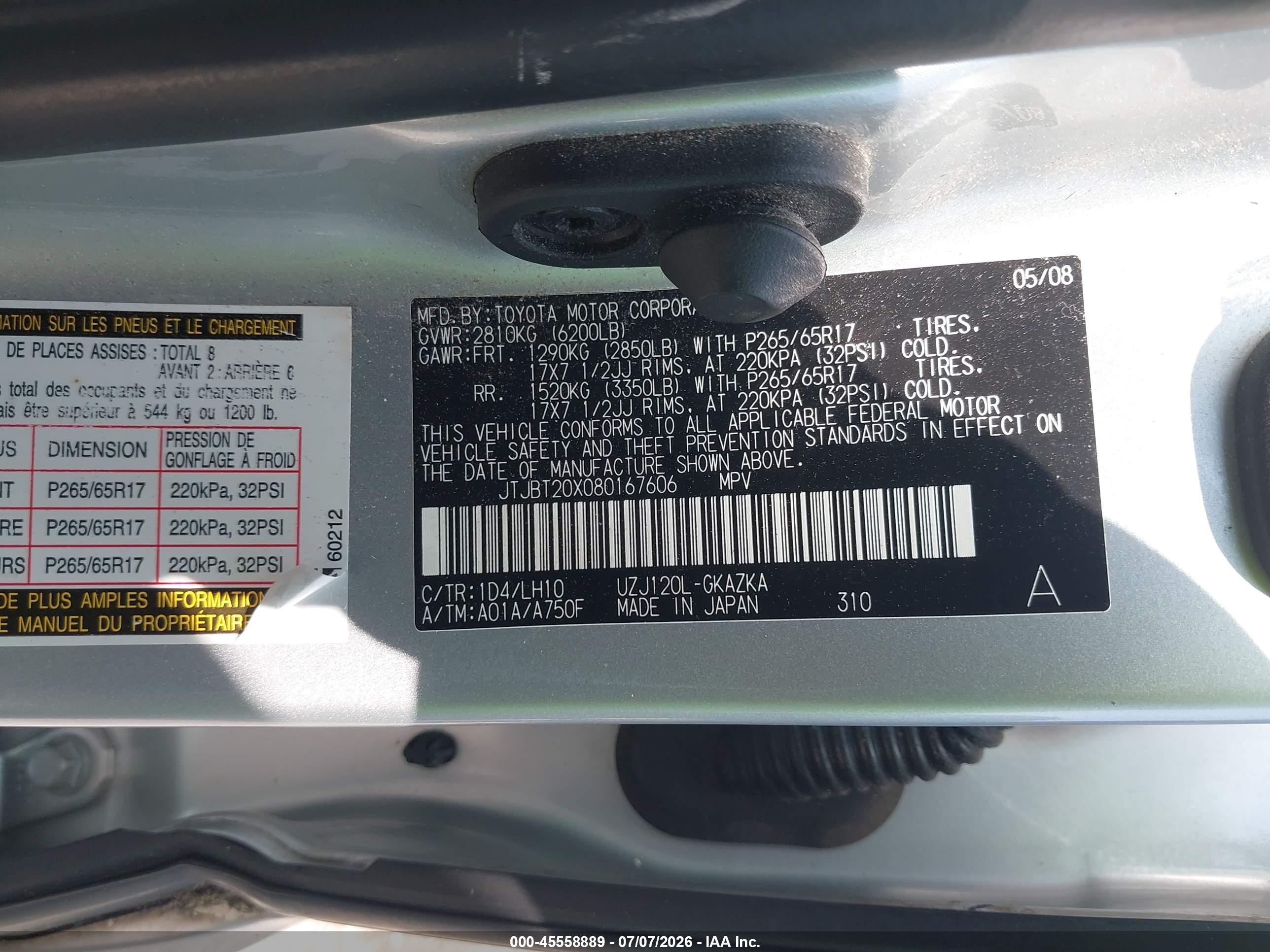 2008 Lexus Gx 470   Silver vin: JTJBT20X080167606