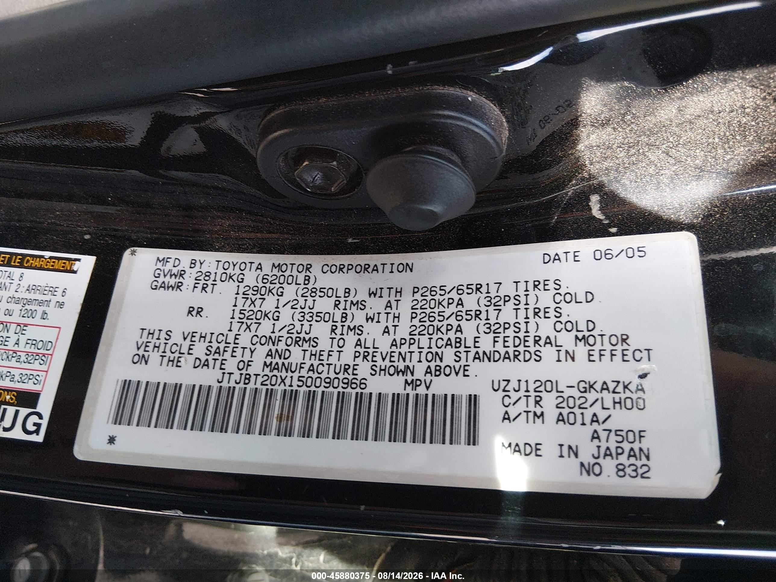 2005 Lexus Gx 470   Black vin: JTJBT20X150090966