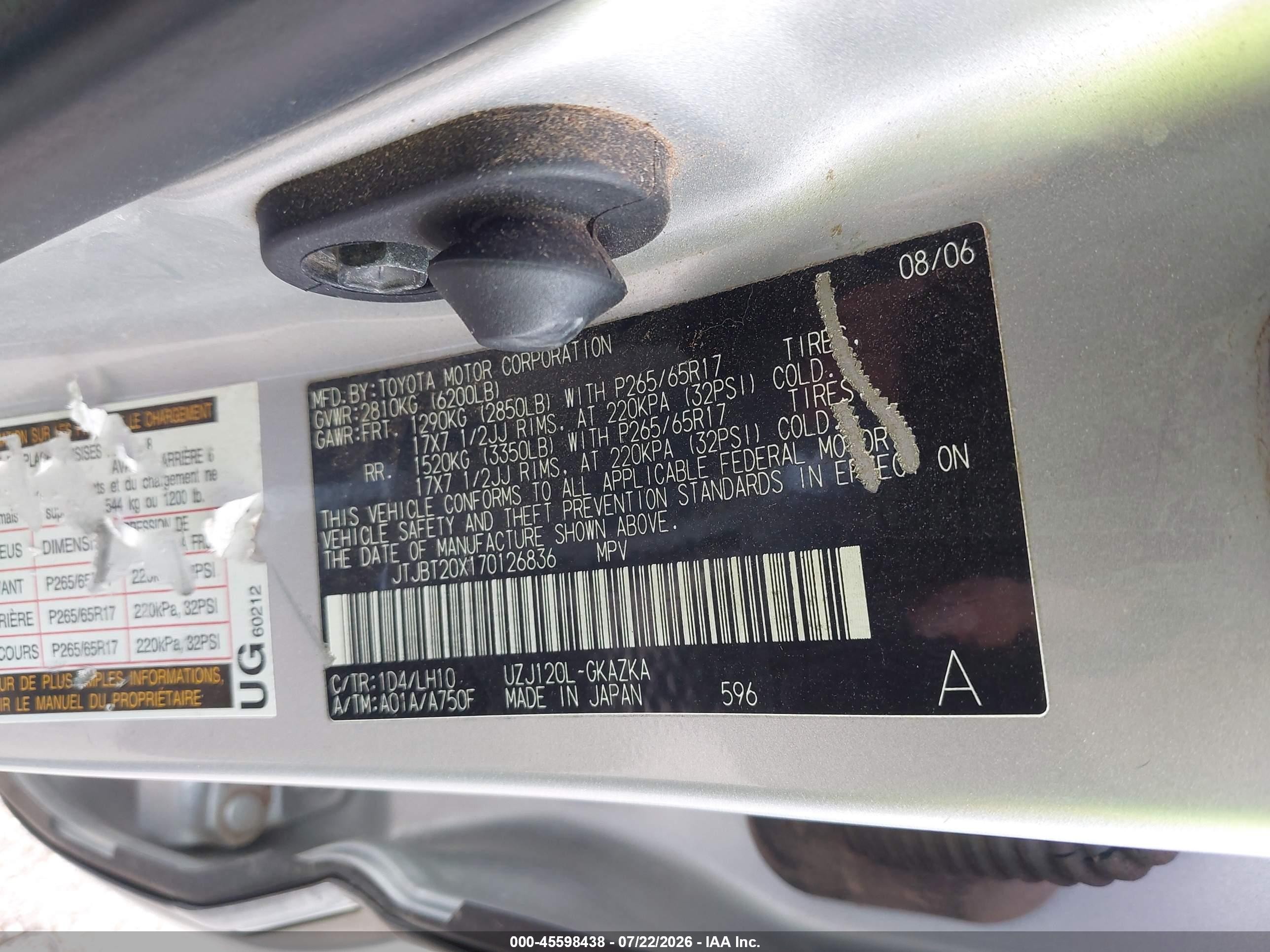 2007 Lexus Gx 470   Silver vin: JTJBT20X170126836