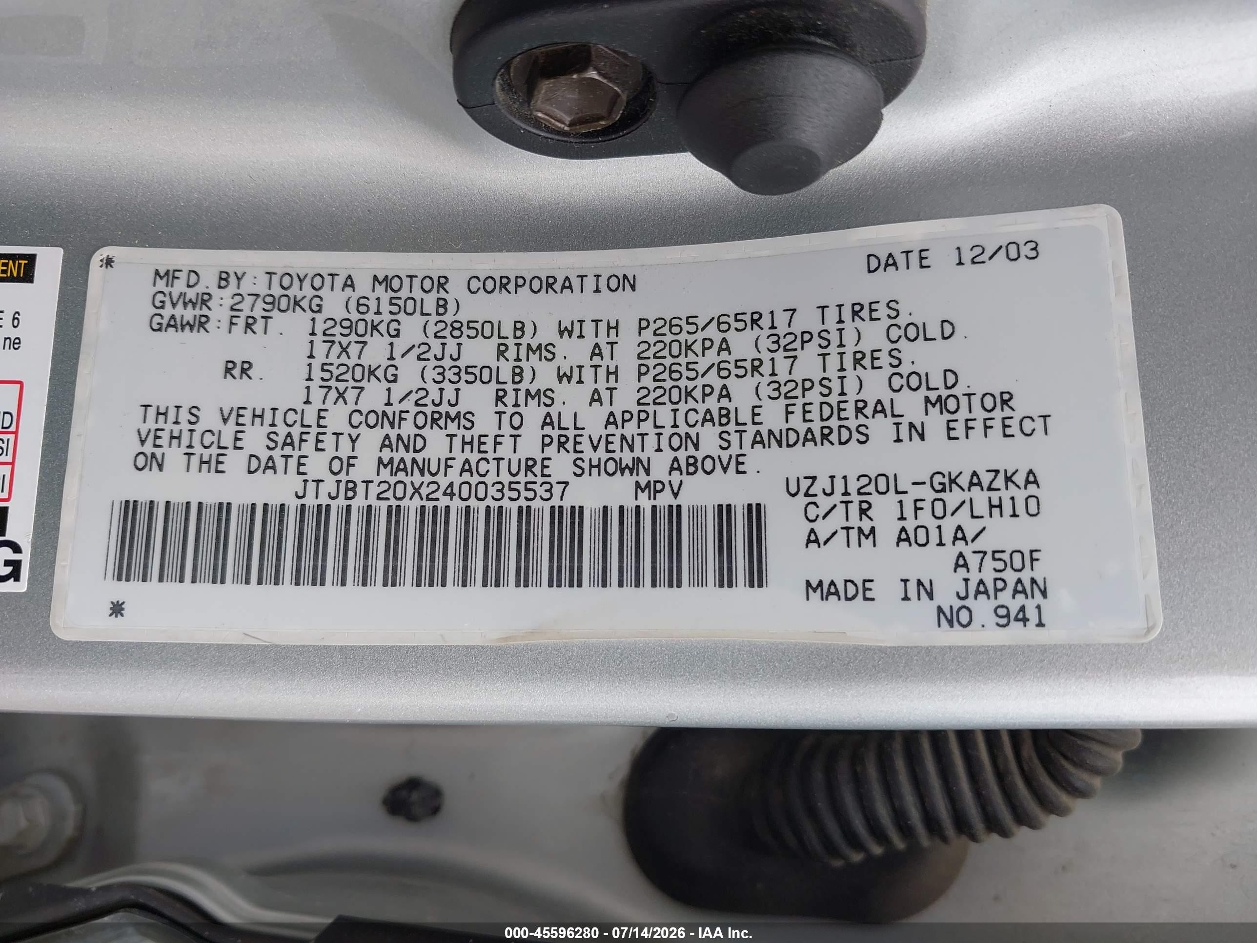2004 Lexus Gx 470   Silver vin: JTJBT20X240035537