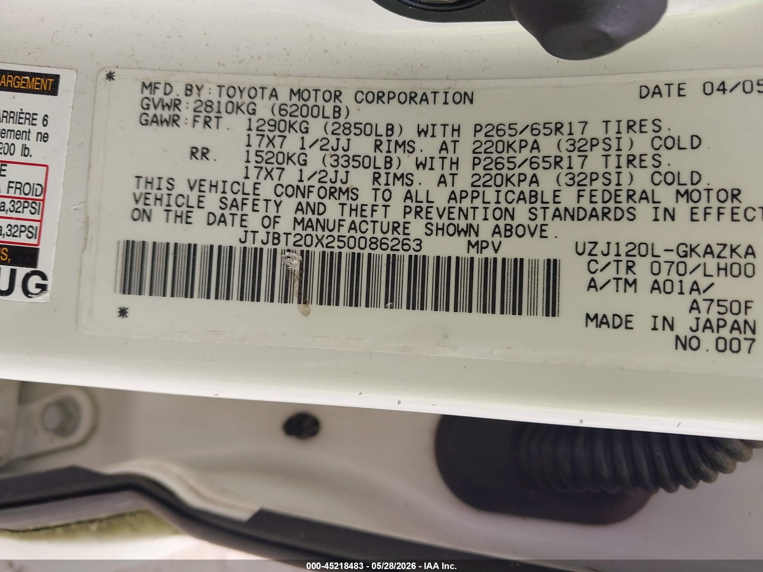 2005 Lexus Gx 470   White vin: JTJBT20X250086263