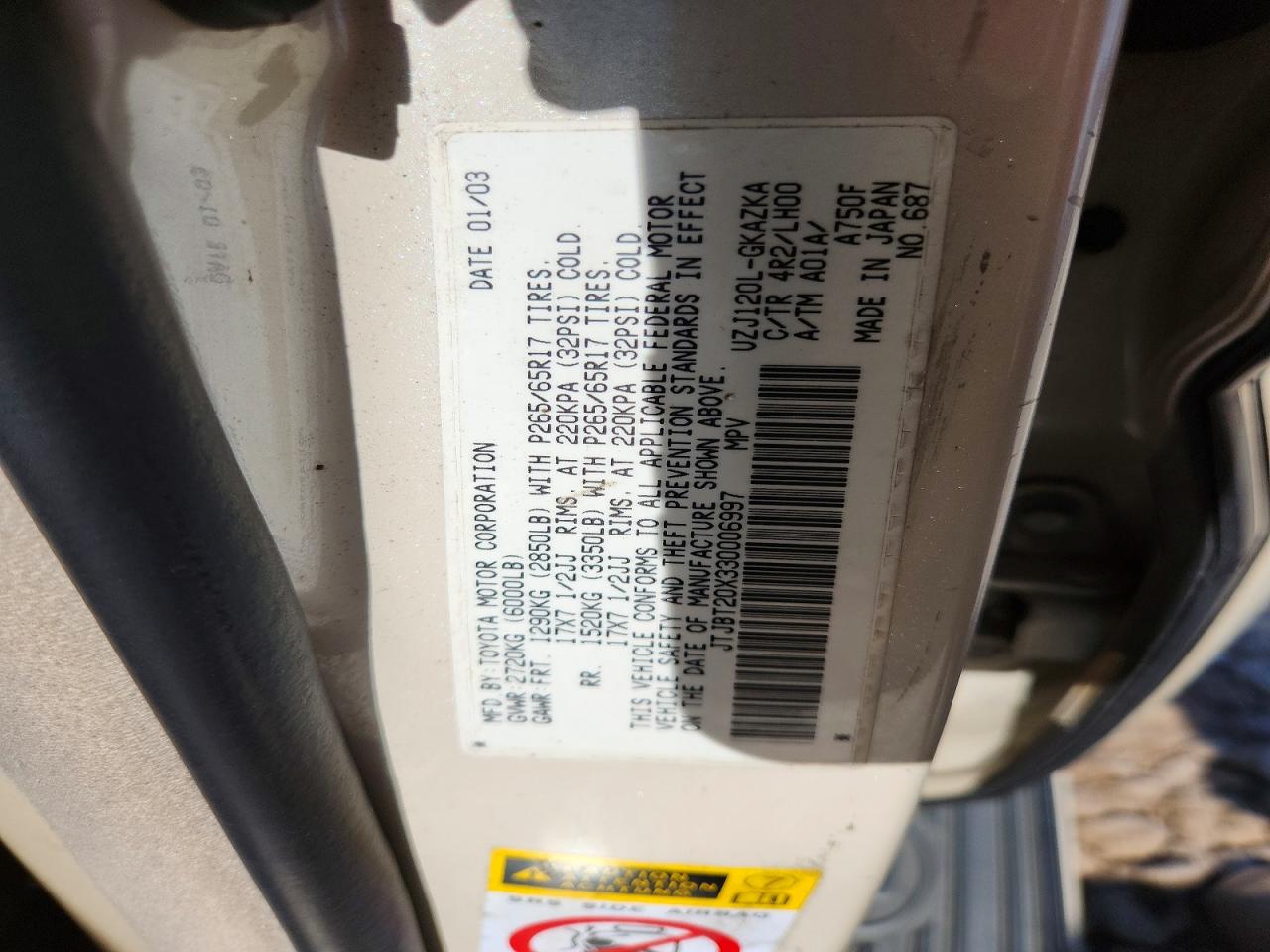 2003 Lexus Gx 470 Beige vin: JTJBT20X330006997
