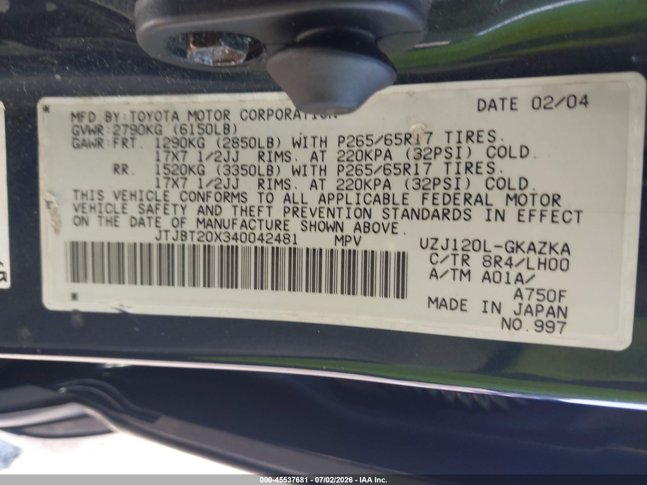 2004 Lexus Gx 470   Blue vin: JTJBT20X340042481