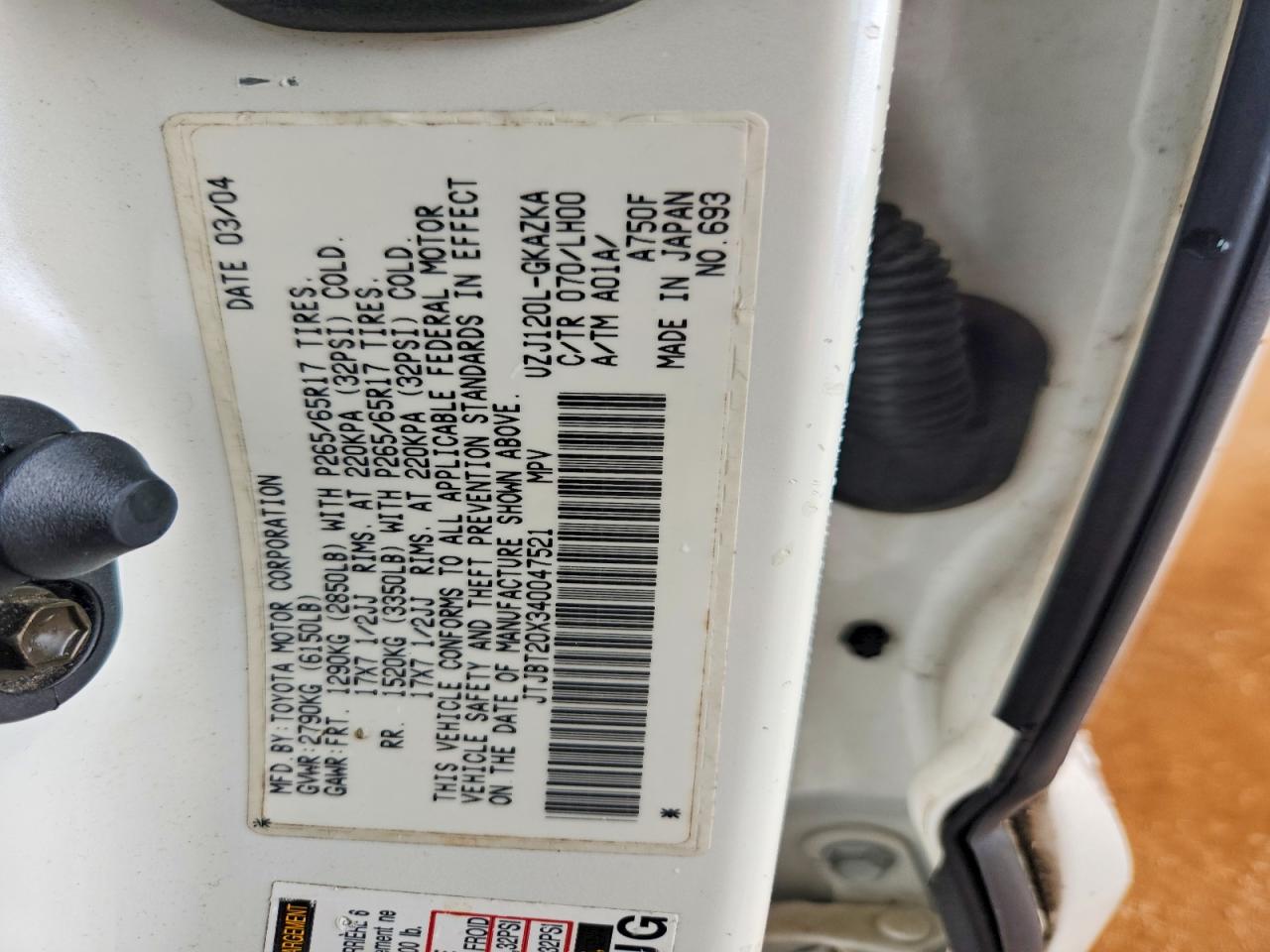 2004 Lexus Gx 470 White vin: JTJBT20X340047521