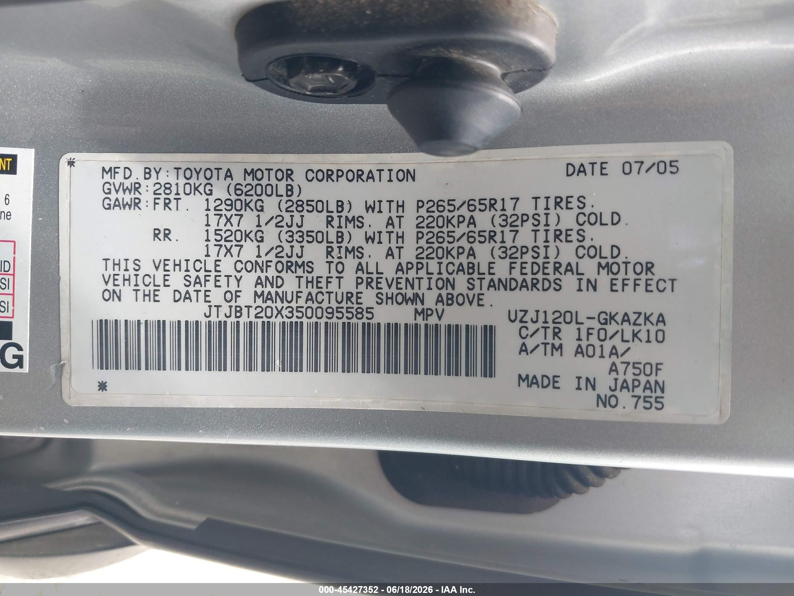 2005 Lexus Gx 470   Black vin: JTJBT20X350095585