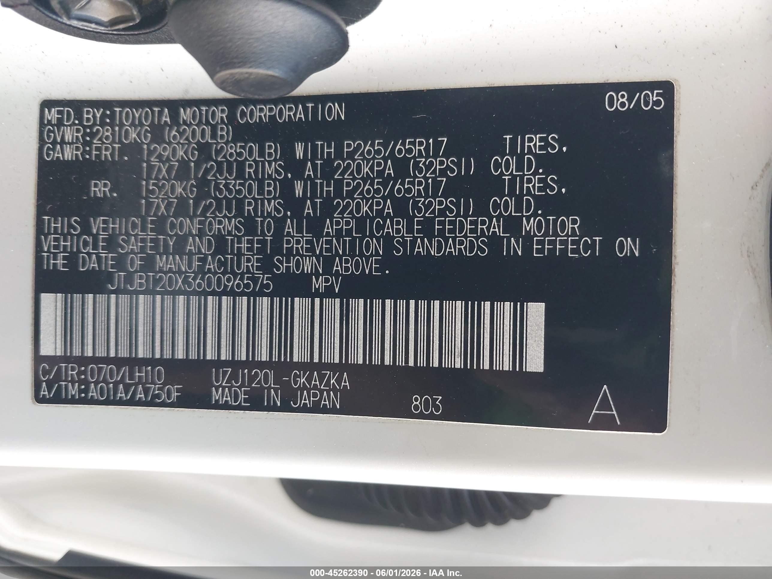 2006 Lexus Gx 470   Белый vin: JTJBT20X360096575