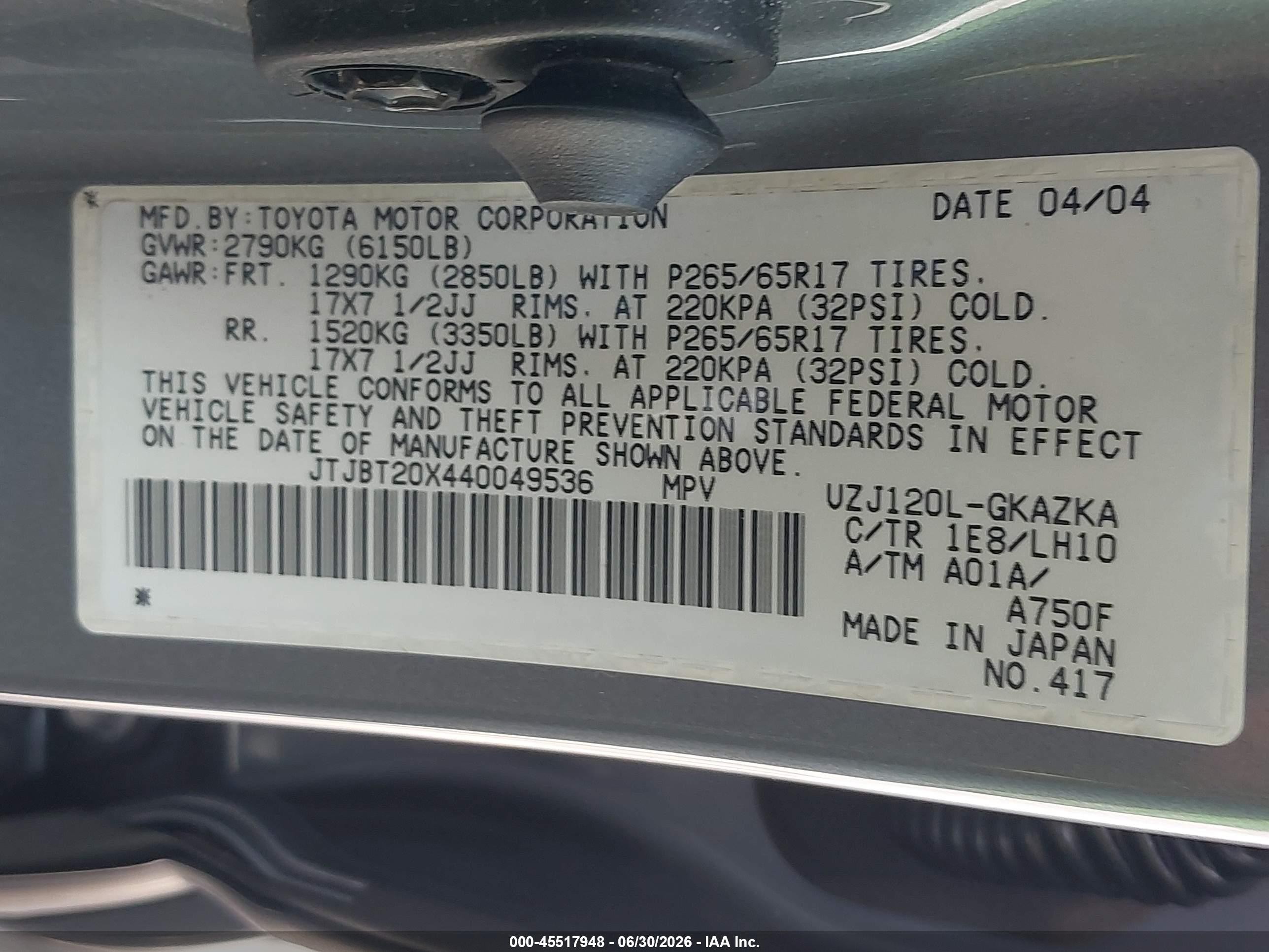 2004 Lexus Gx 470   Gray vin: JTJBT20X440049536