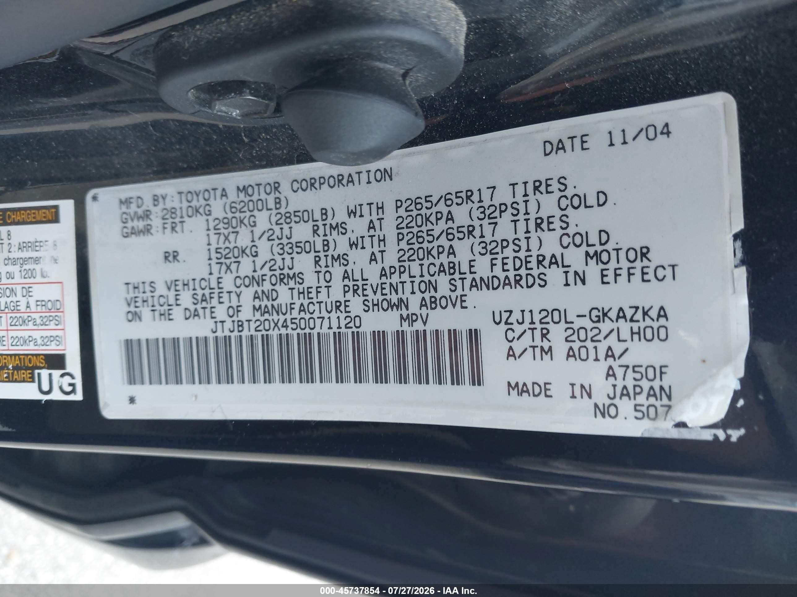 2005 Lexus Gx 470   Black vin: JTJBT20X450071120