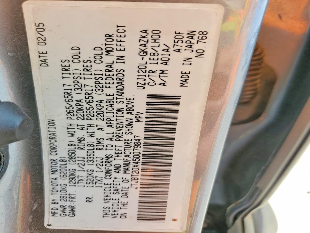 2005 Lexus Gx 470 Base Gray vin: JTJBT20X450079847