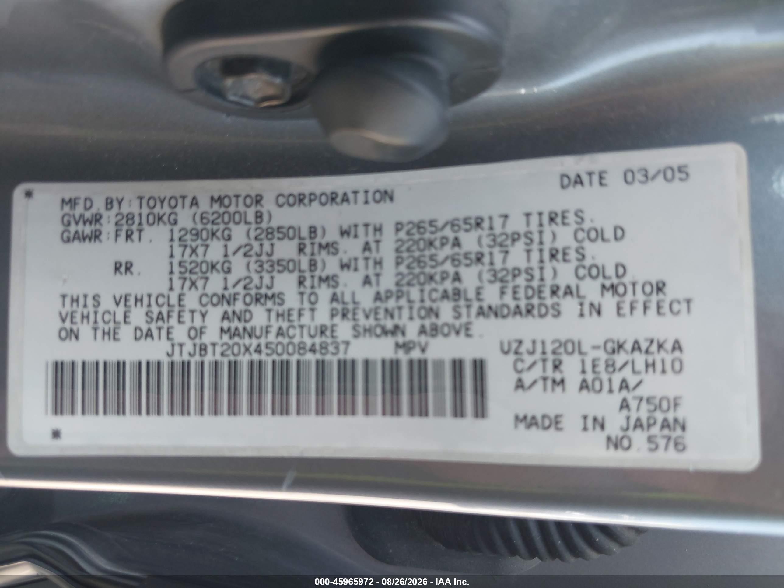 2005 Lexus Gx 470 Gray vin: JTJBT20X450084837