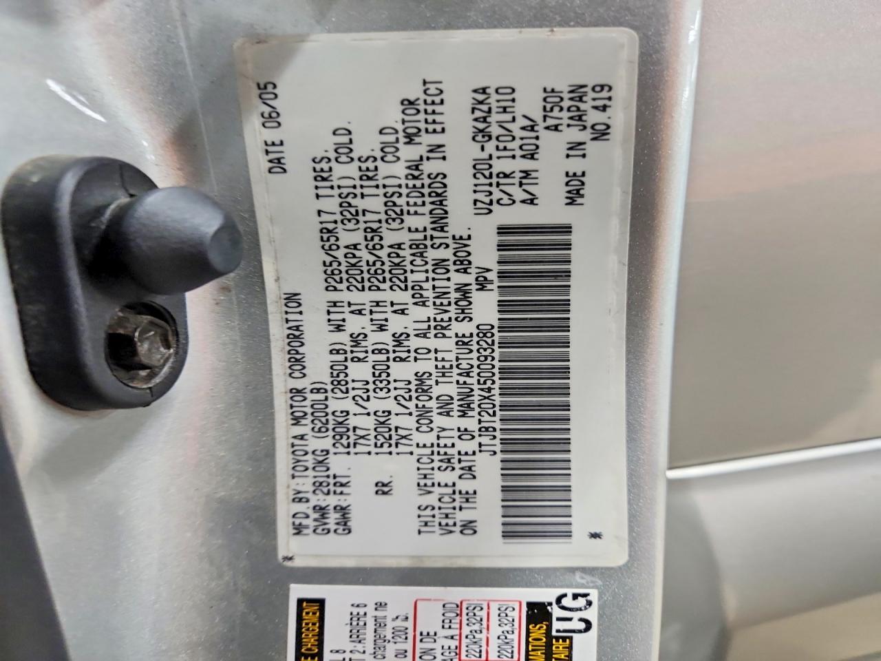 2005 Lexus Gx 470 Silver vin: JTJBT20X450093280