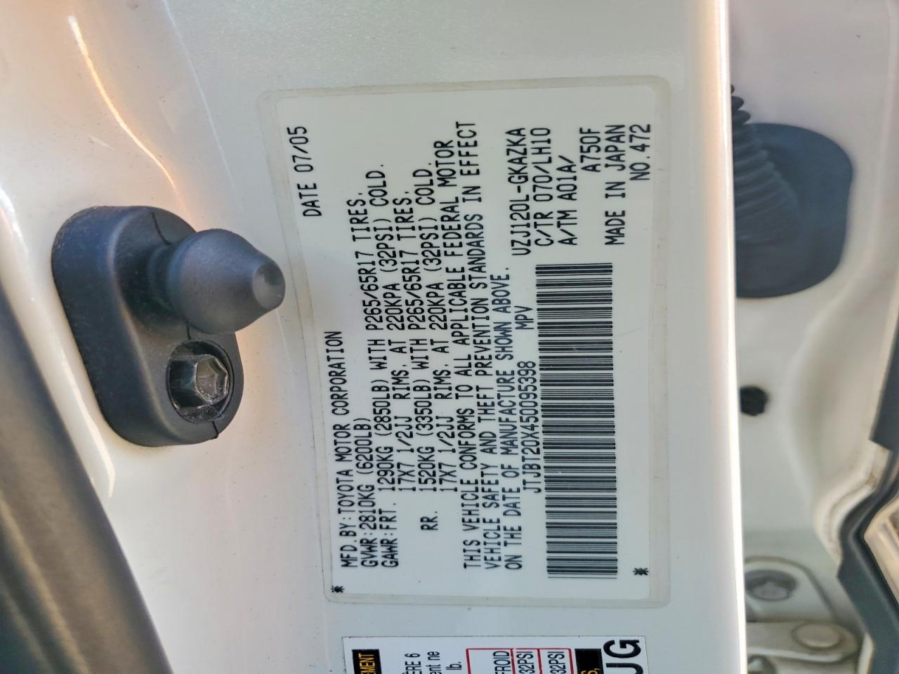 2005 Lexus Gx 470 White vin: JTJBT20X450095398