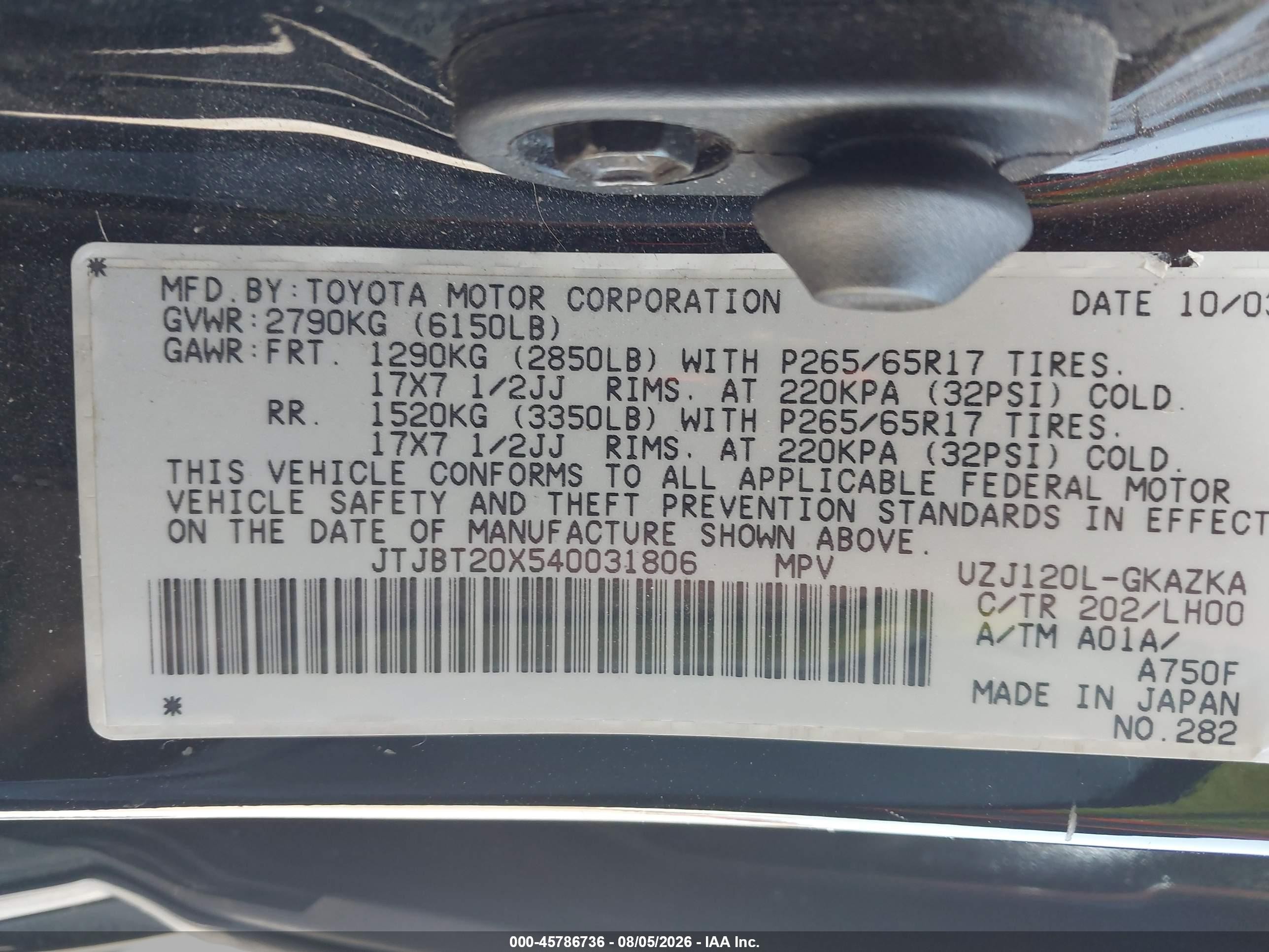 2004 Lexus Gx 470   Black vin: JTJBT20X540031806