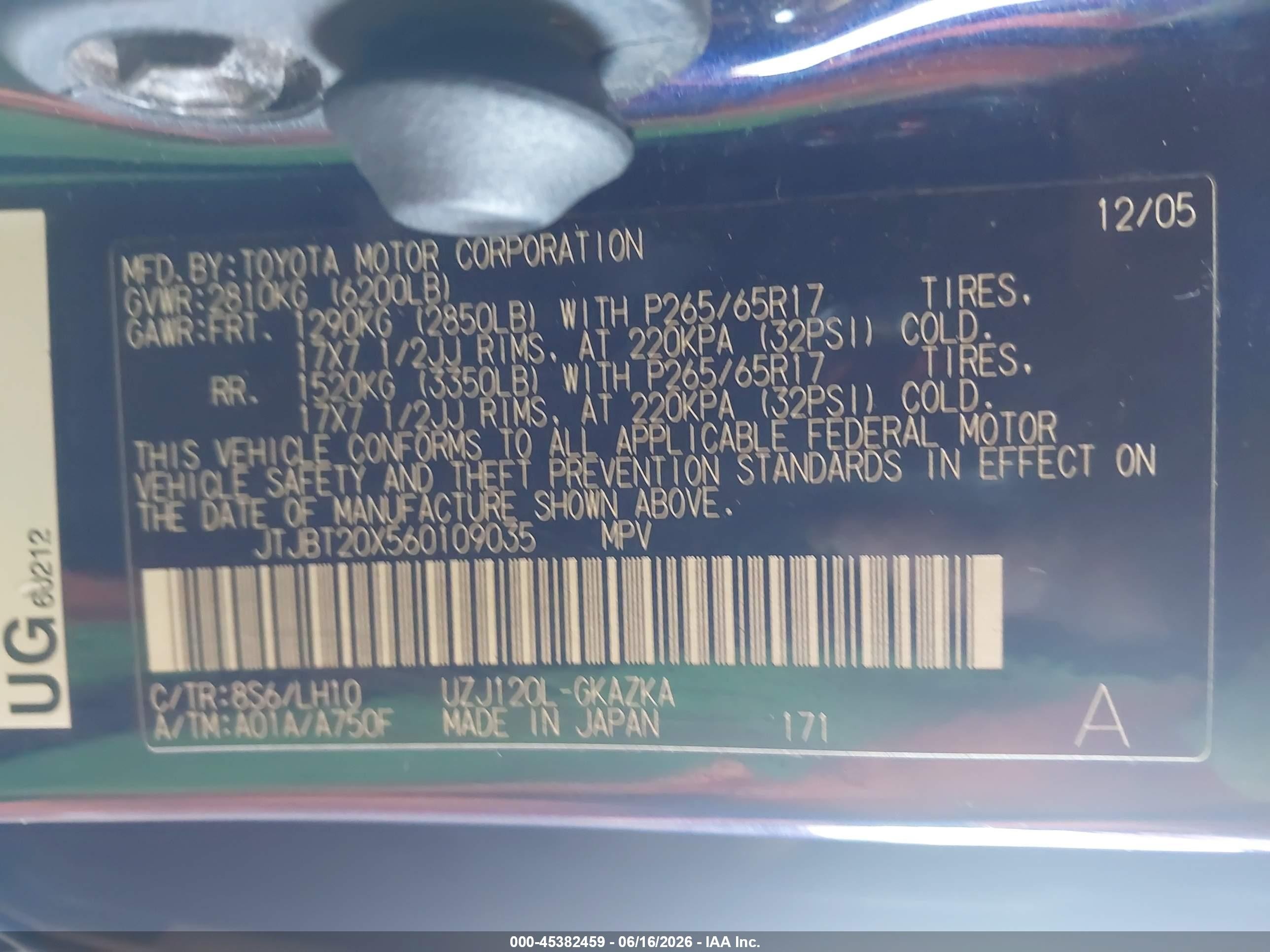2006 Lexus Gx 470 Blue vin: JTJBT20X560109035
