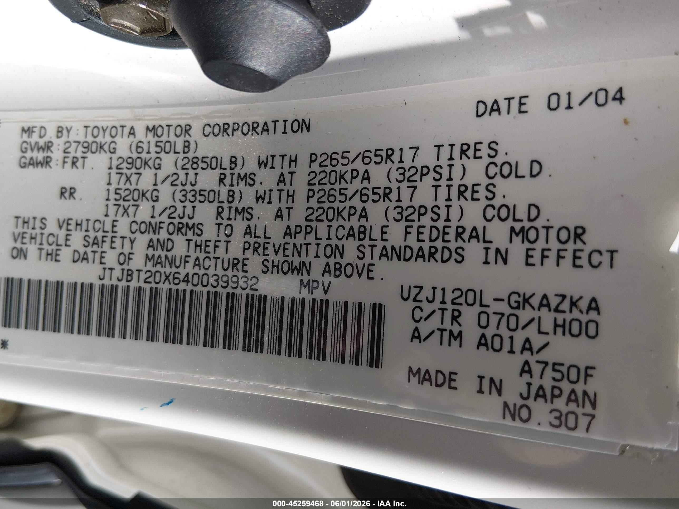 2004 Lexus Gx 470   White vin: JTJBT20X640039932