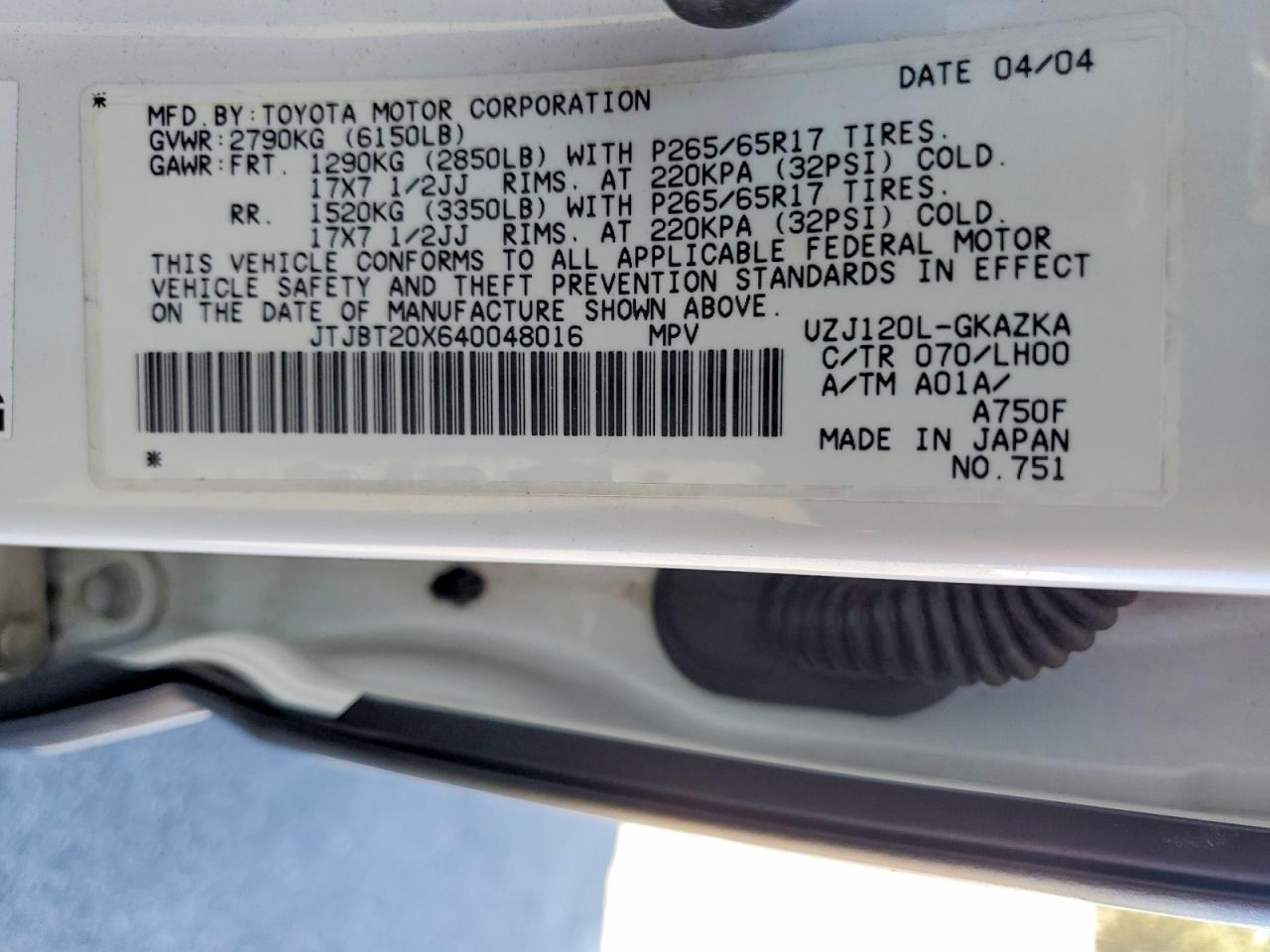 2004 Lexus Gx 470 White vin: JTJBT20X640048016