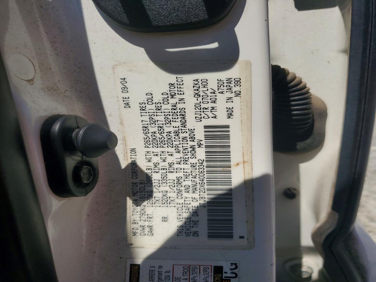 2004 Lexus Gx 470 White vin: JTJBT20X640063342