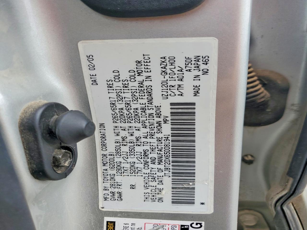 2005 Lexus Gx 470 Silver vin: JTJBT20X650081941