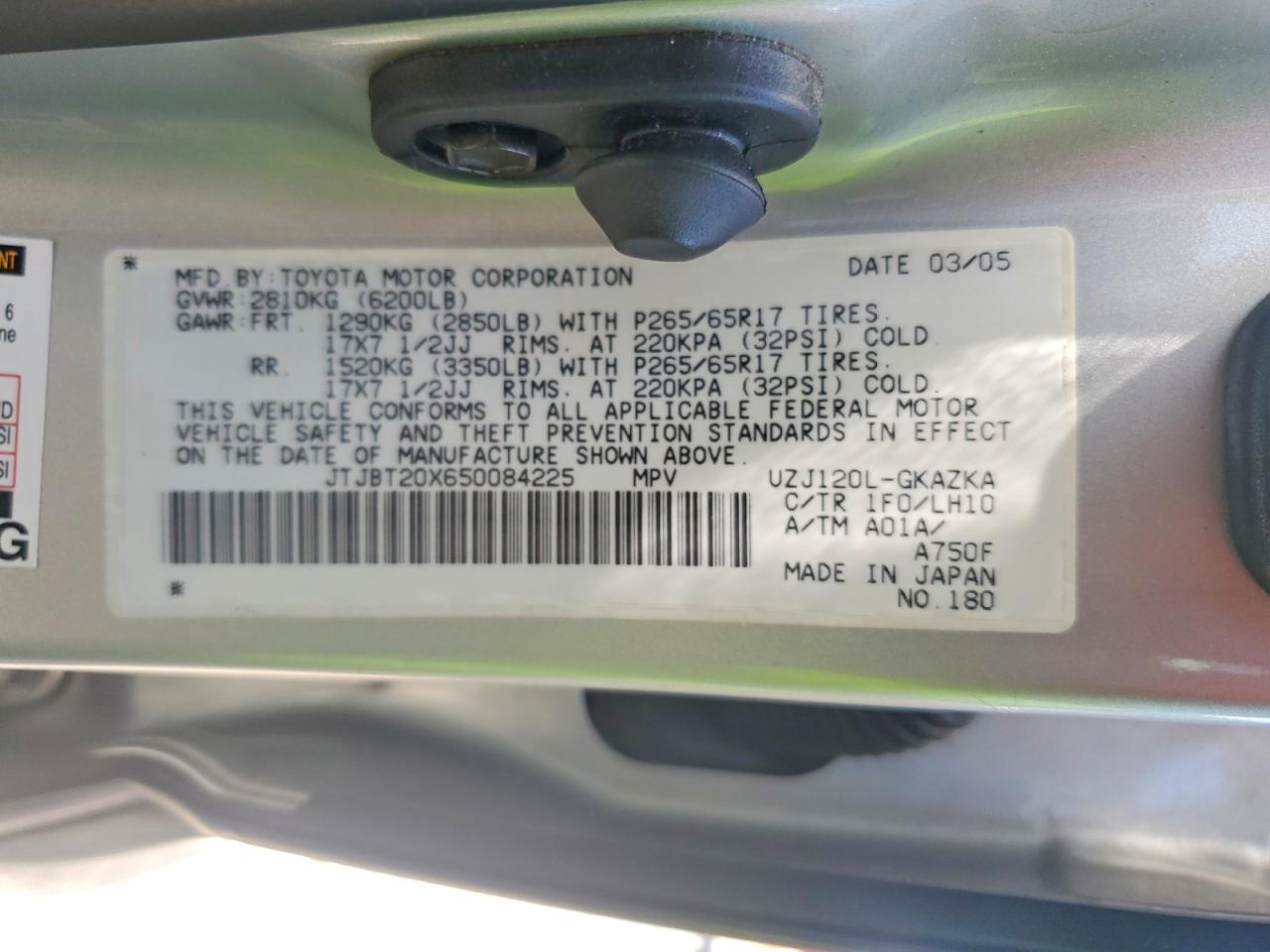 2005 Lexus Gx 470 Silver vin: JTJBT20X650084225