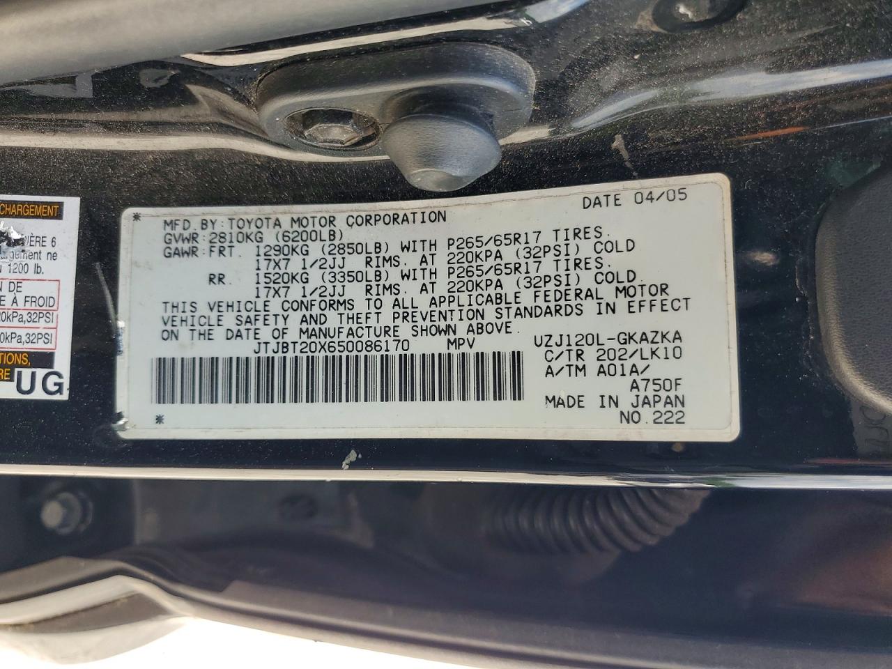 2005 Lexus Gx 470 Black vin: JTJBT20X650086170