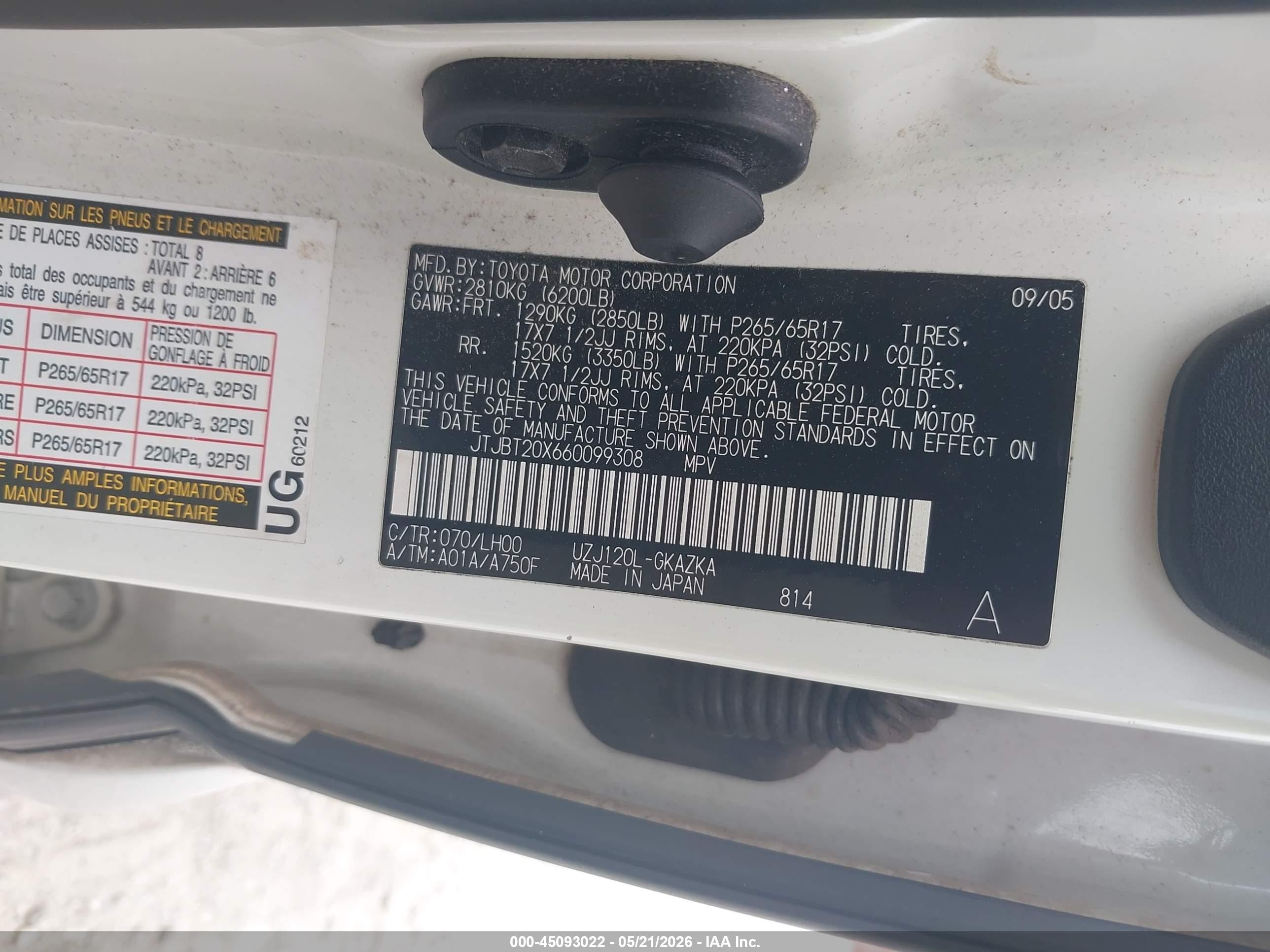2006 Lexus Gx 470   White vin: JTJBT20X660099308