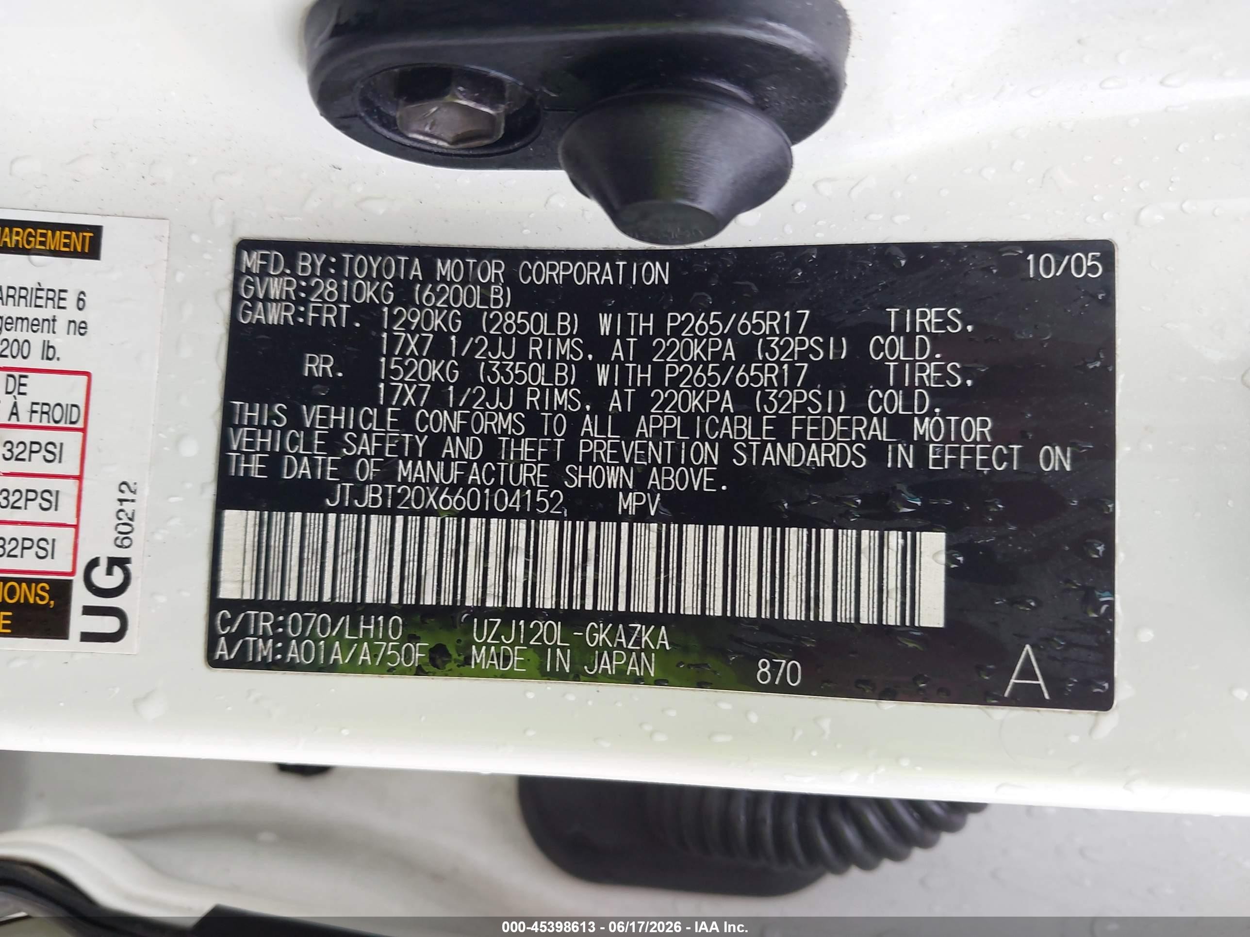 2006 Lexus Gx 470   White vin: JTJBT20X660104152