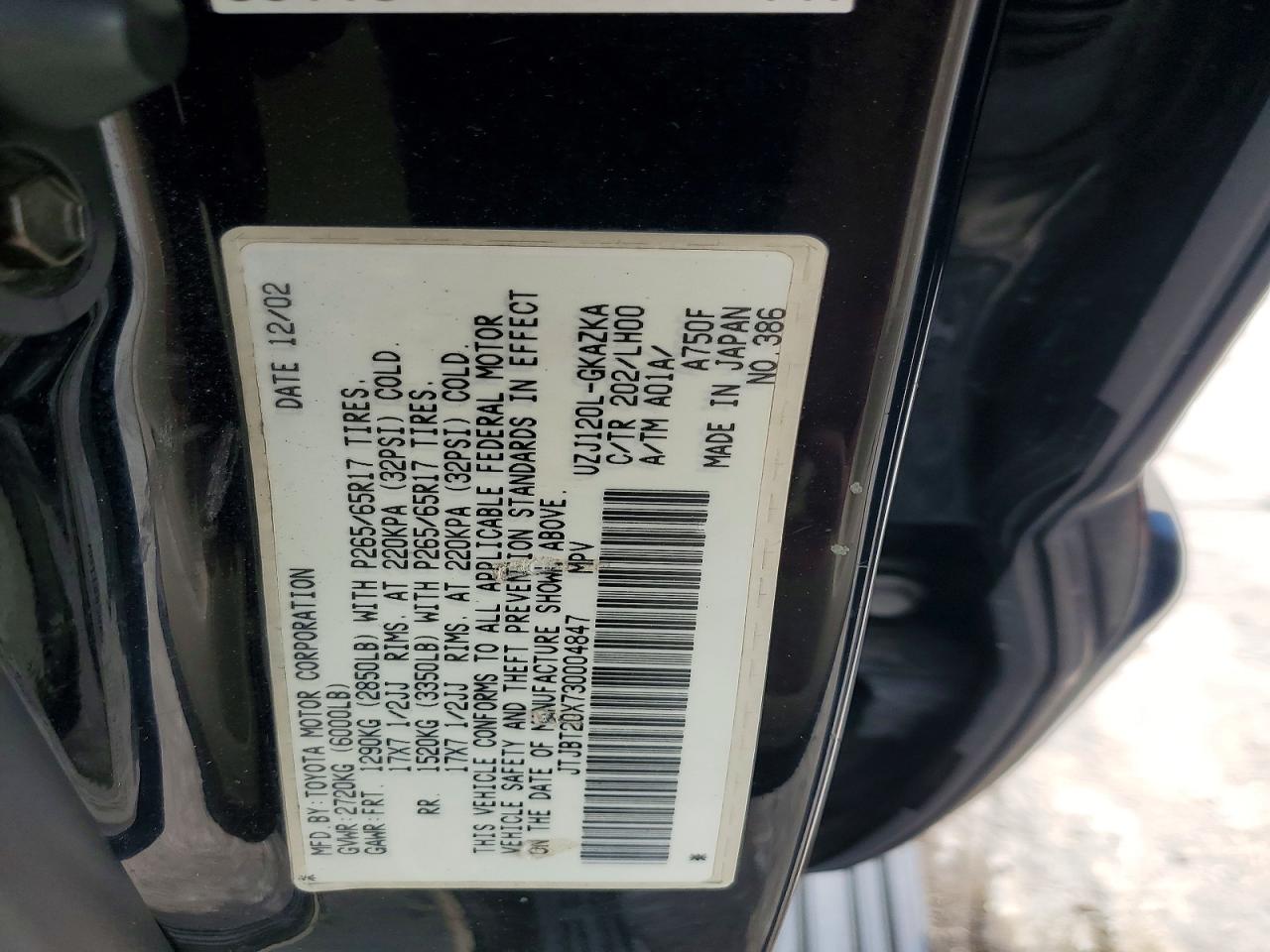 2003 Lexus Gx 470 Black vin: JTJBT20X730004847