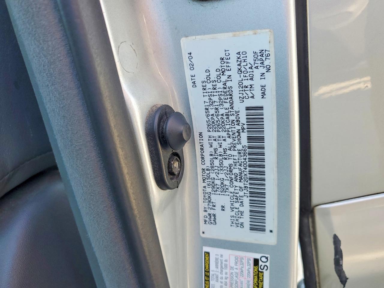 2004 Lexus Gx 470 Silver vin: JTJBT20X740043665