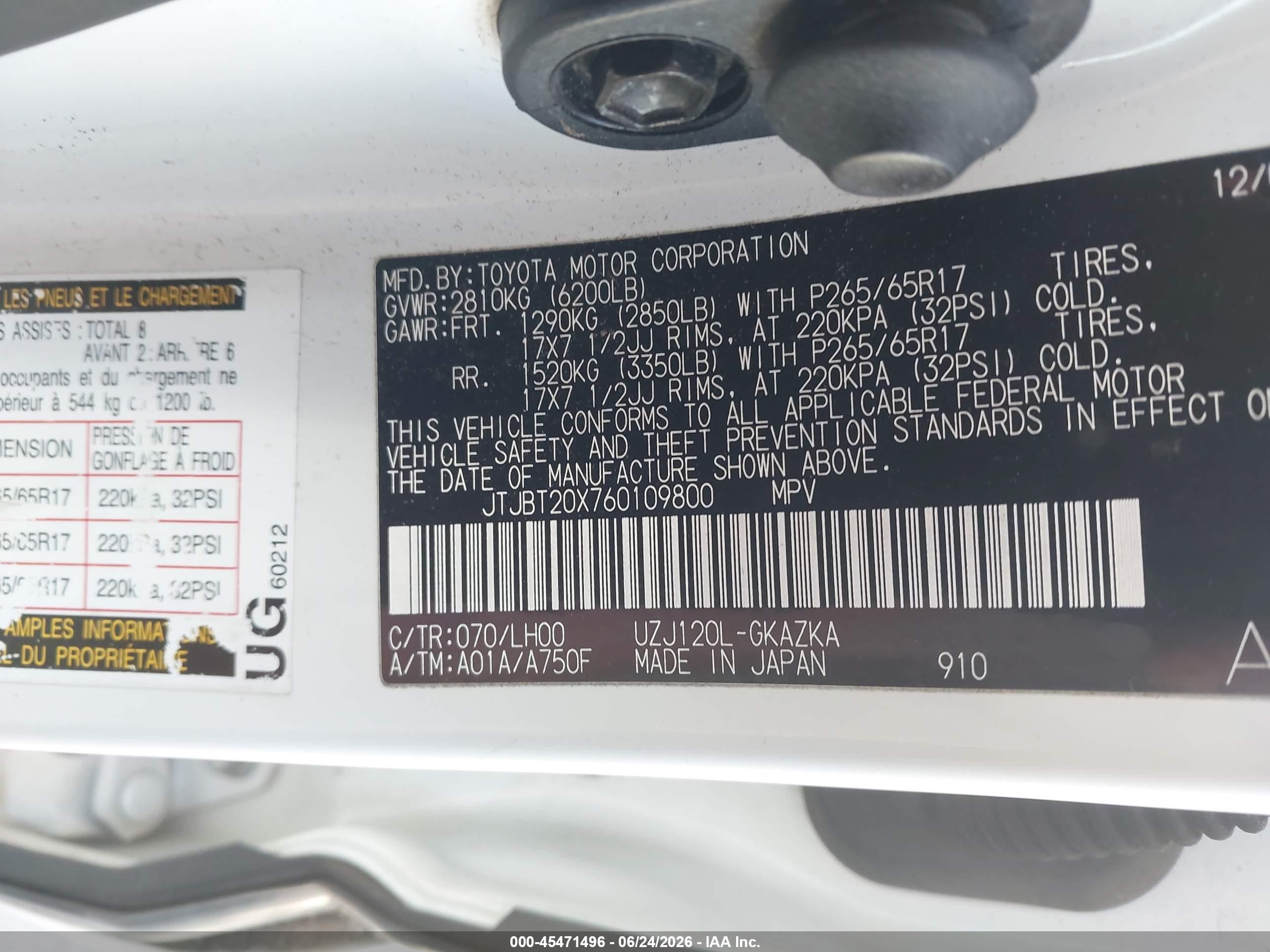 2006 Lexus Gx 470   White vin: JTJBT20X760109800