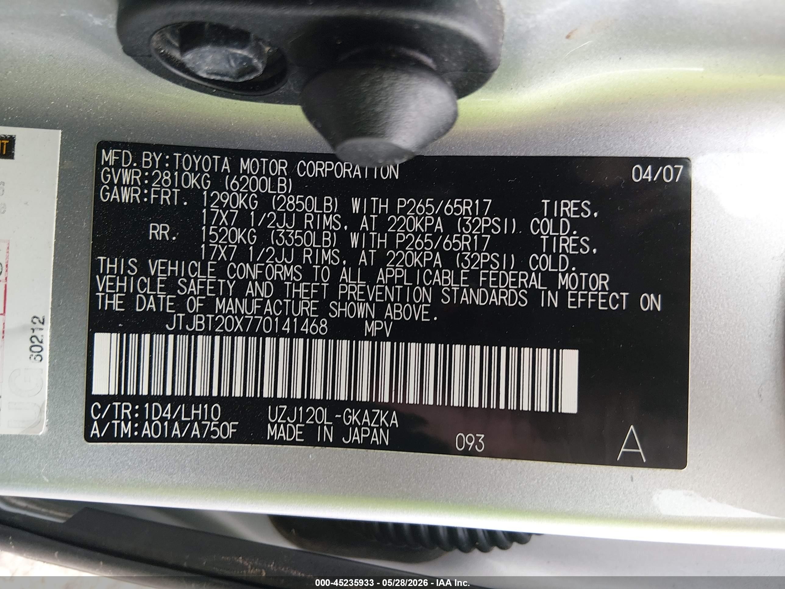 2007 Lexus Gx 470   Gray vin: JTJBT20X770141468