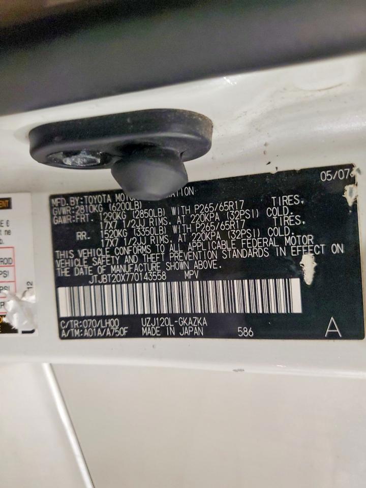 2007 Lexus Gx 470 White vin: JTJBT20X770143558