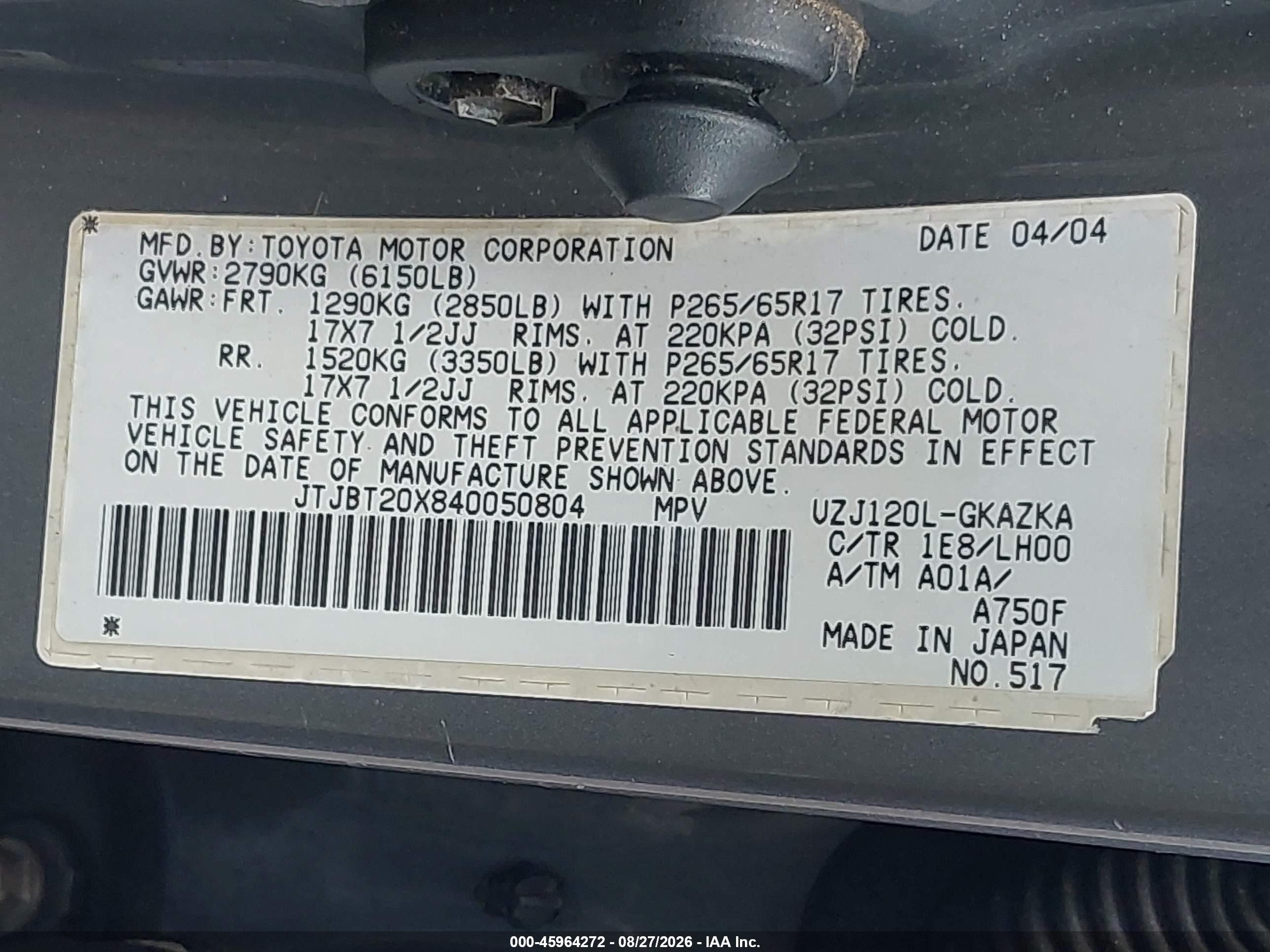 2004 Lexus Gx 470   Gray vin: JTJBT20X840050804