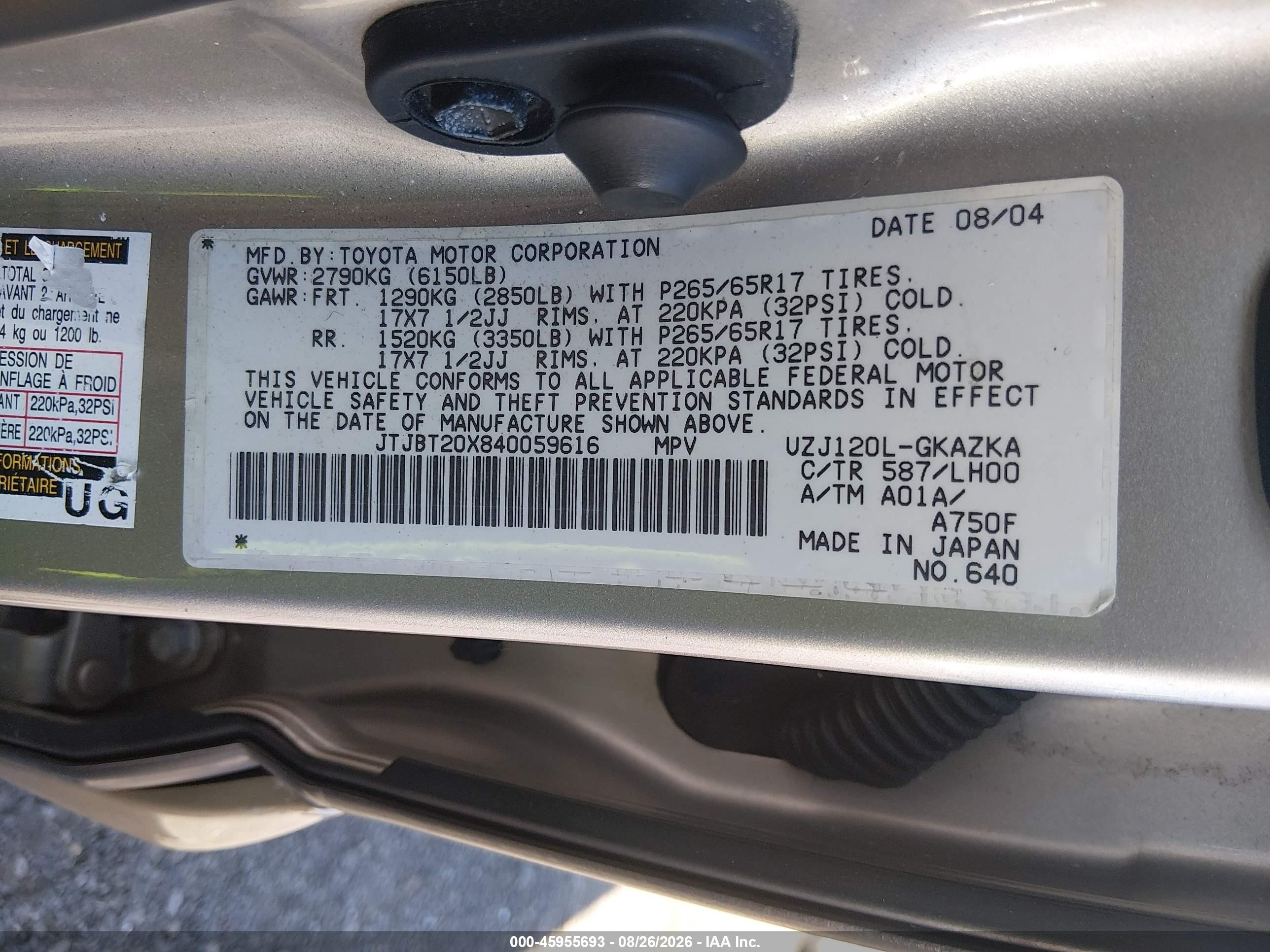 2004 Lexus Gx 470   Gray vin: JTJBT20X840059616