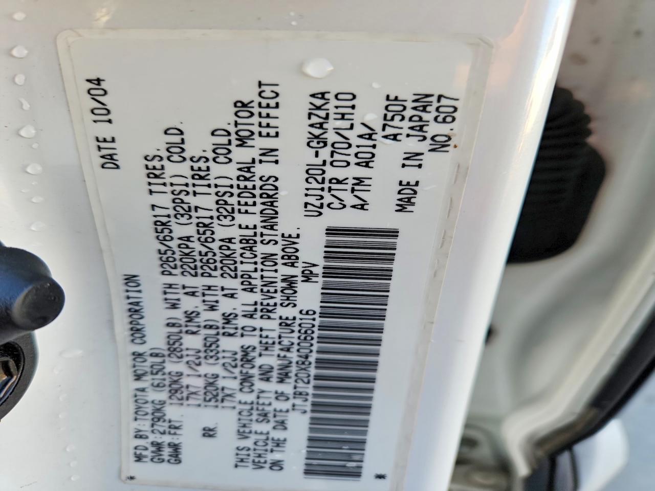 2004 Lexus Gx 470 White vin: JTJBT20X840066016