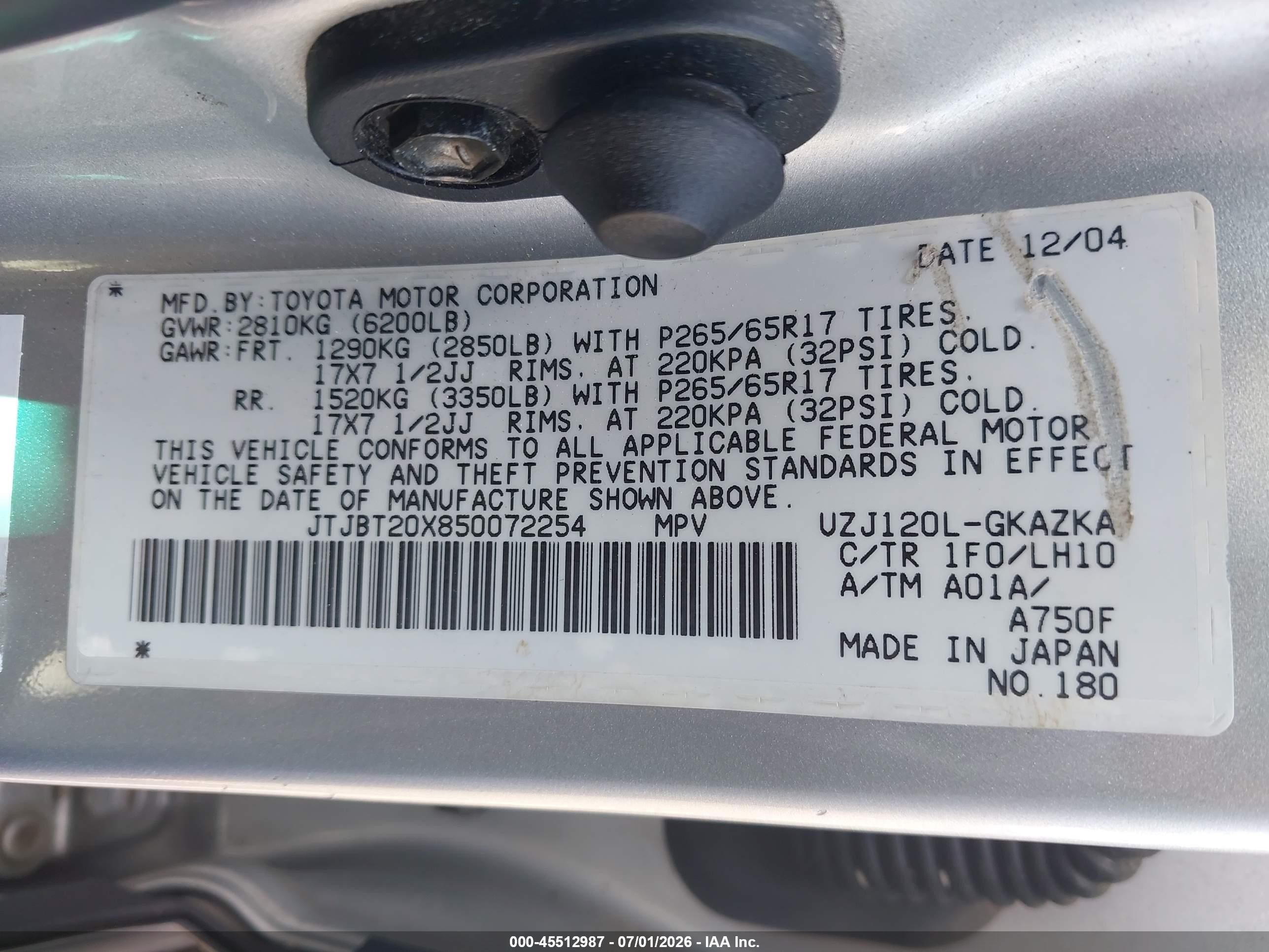 2005 Lexus Gx 470   Silver vin: JTJBT20X850072254