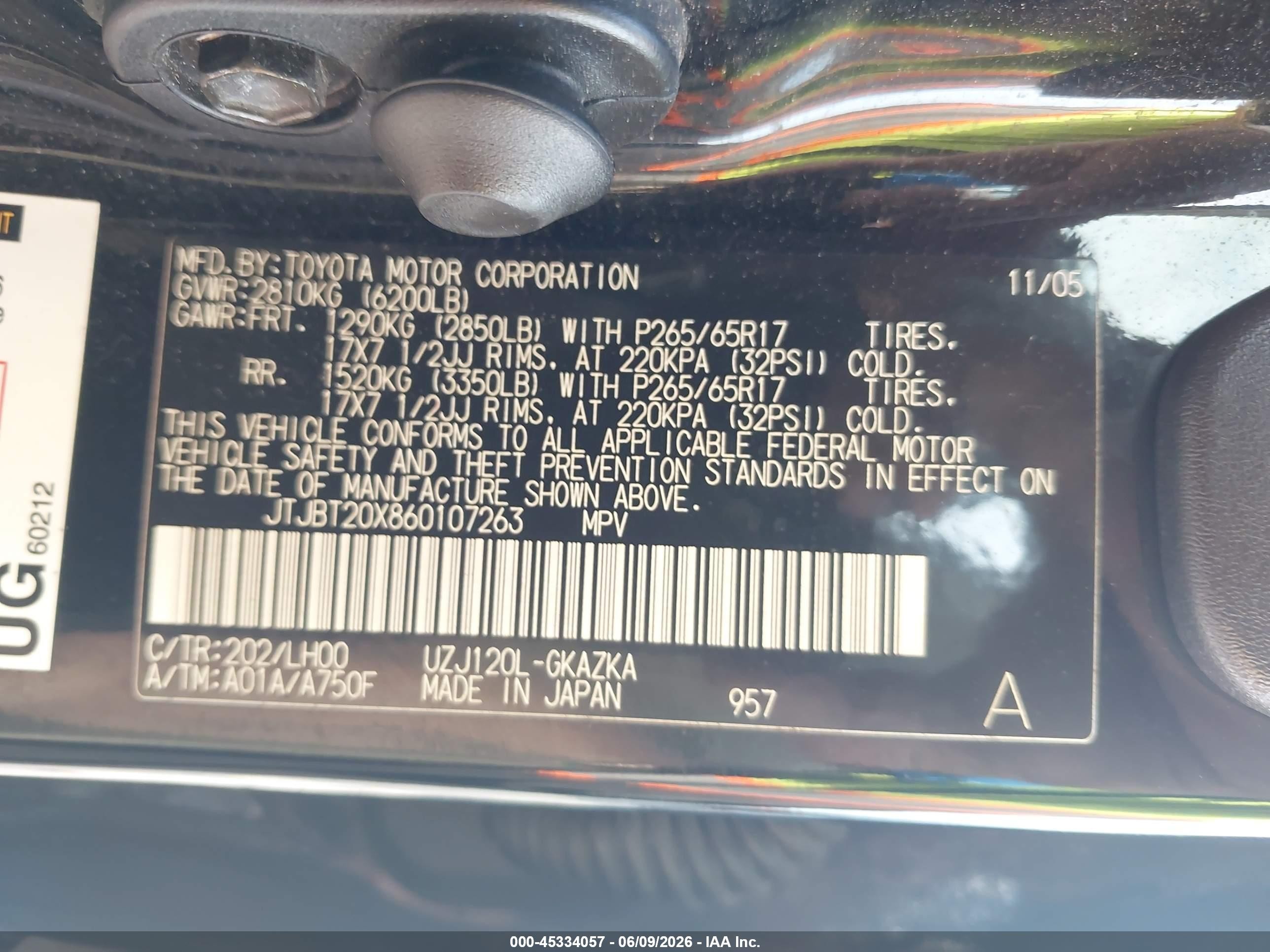 2006 Lexus Gx 470   Black vin: JTJBT20X860107263