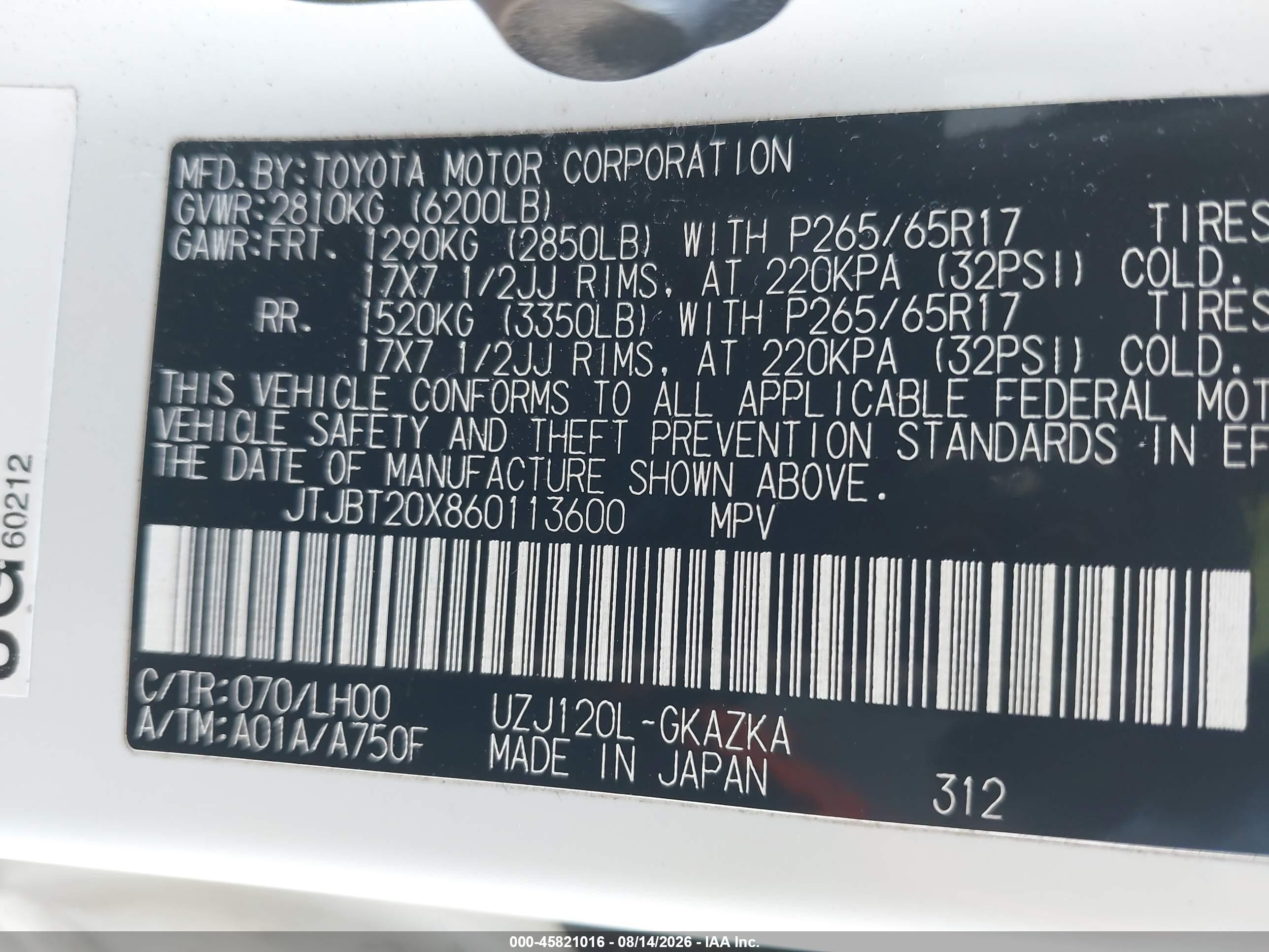 2006 Lexus Gx 470   White vin: JTJBT20X860113600