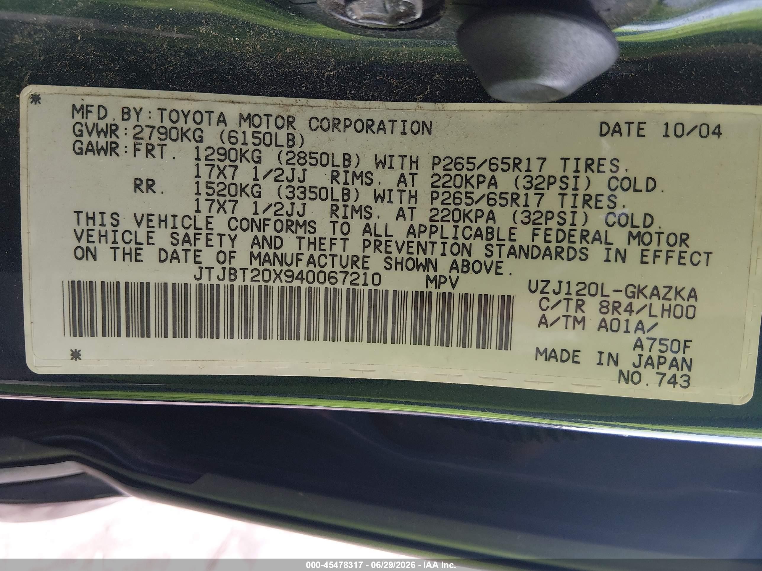 2004 Lexus Gx 470   Dark Blue vin: JTJBT20X940067210