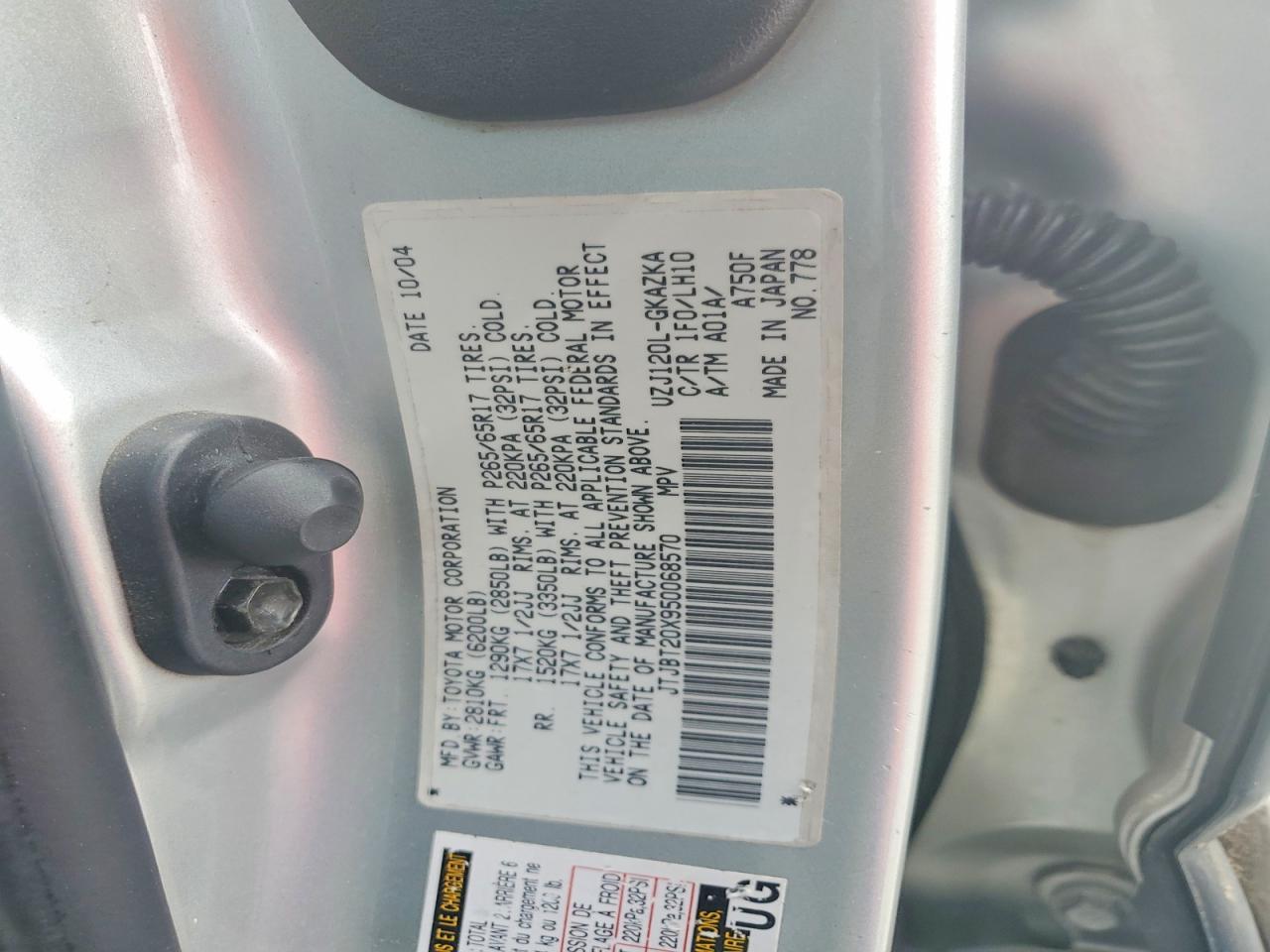 2005 Lexus Gx 470 Silver vin: JTJBT20X950068570