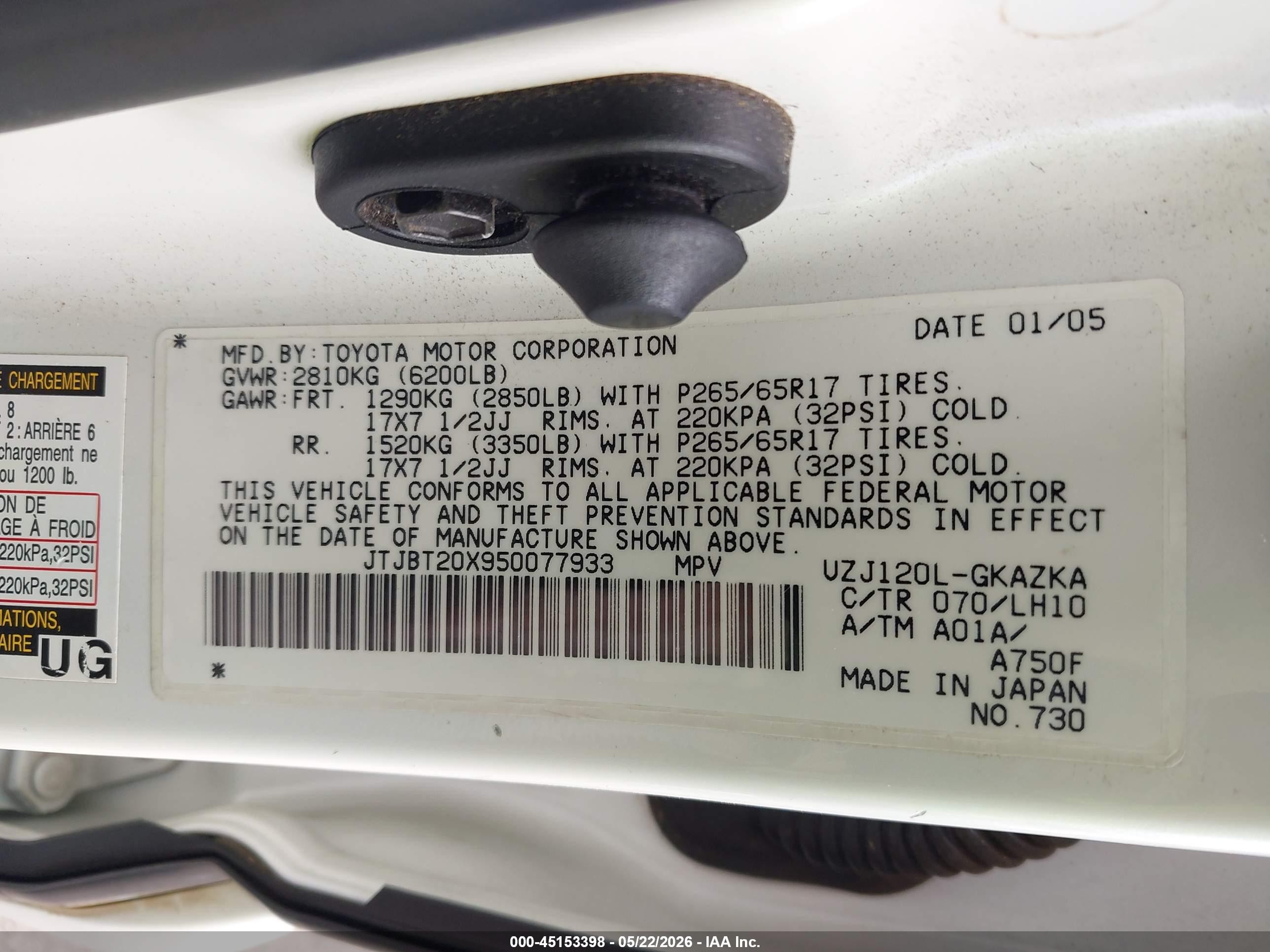 2005 Lexus Gx 470   White vin: JTJBT20X950077933