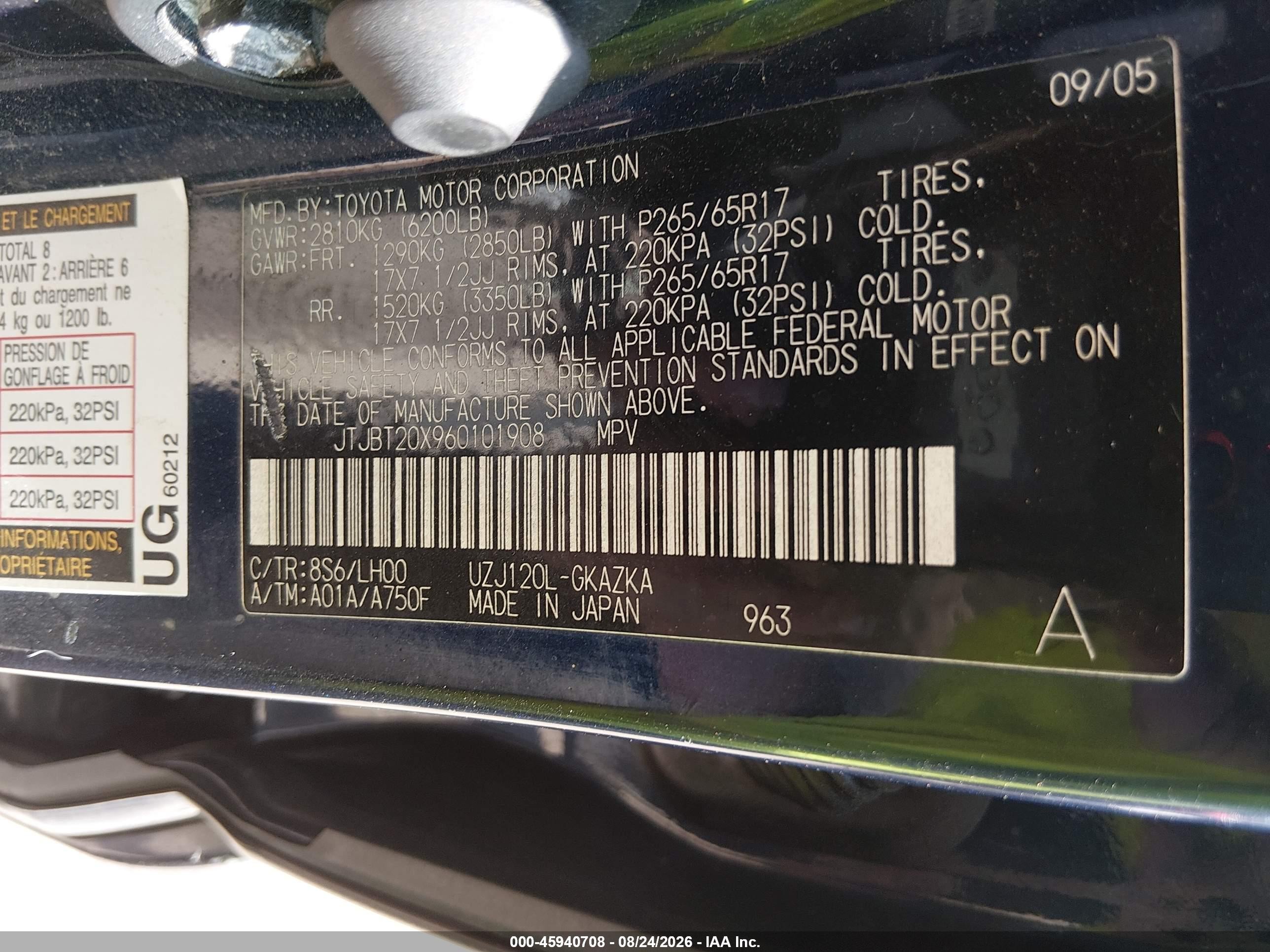 2006 Lexus Gx 470   Blue vin: JTJBT20X960101908