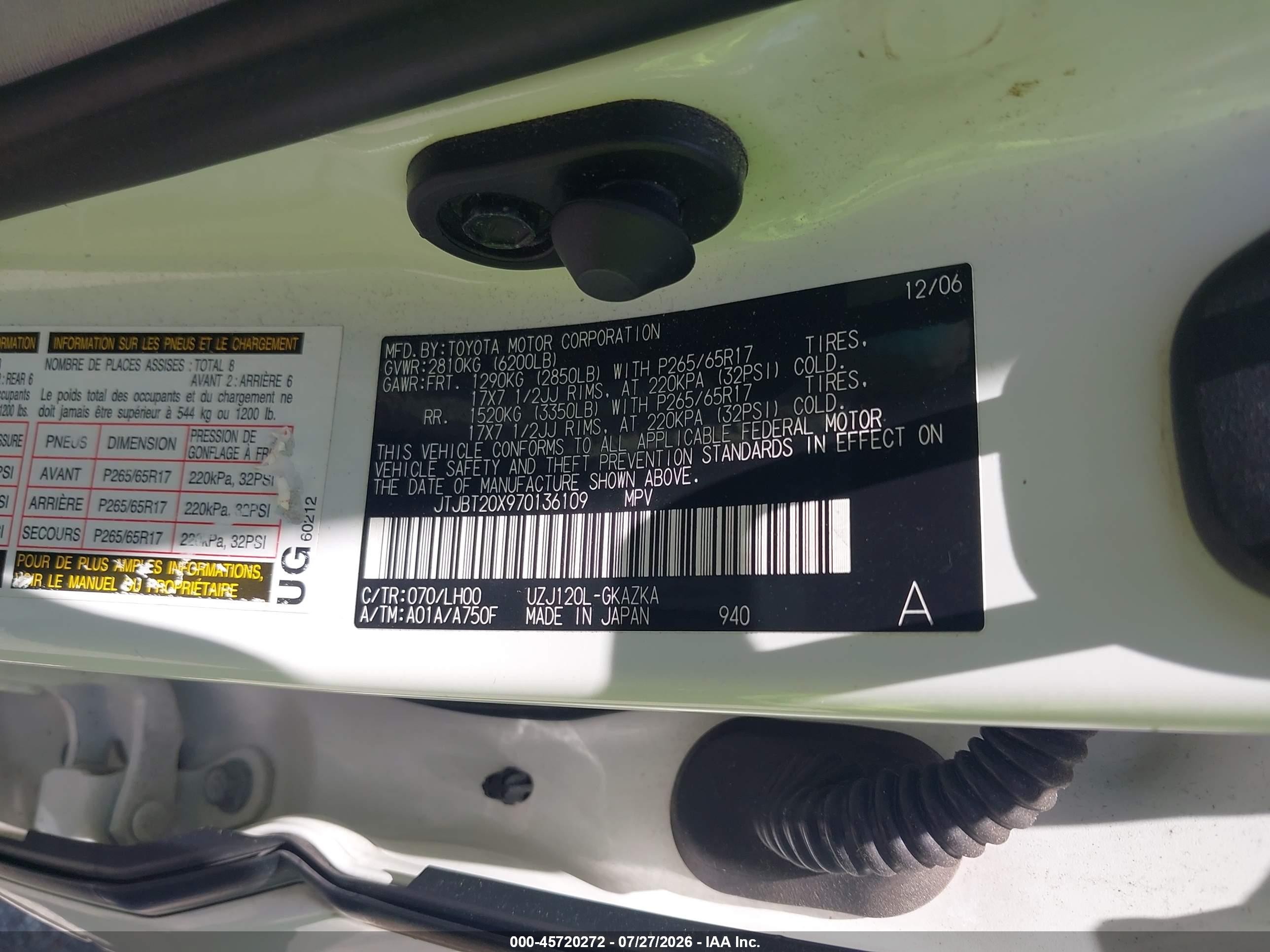 2007 Lexus Gx 470   White vin: JTJBT20X970136109