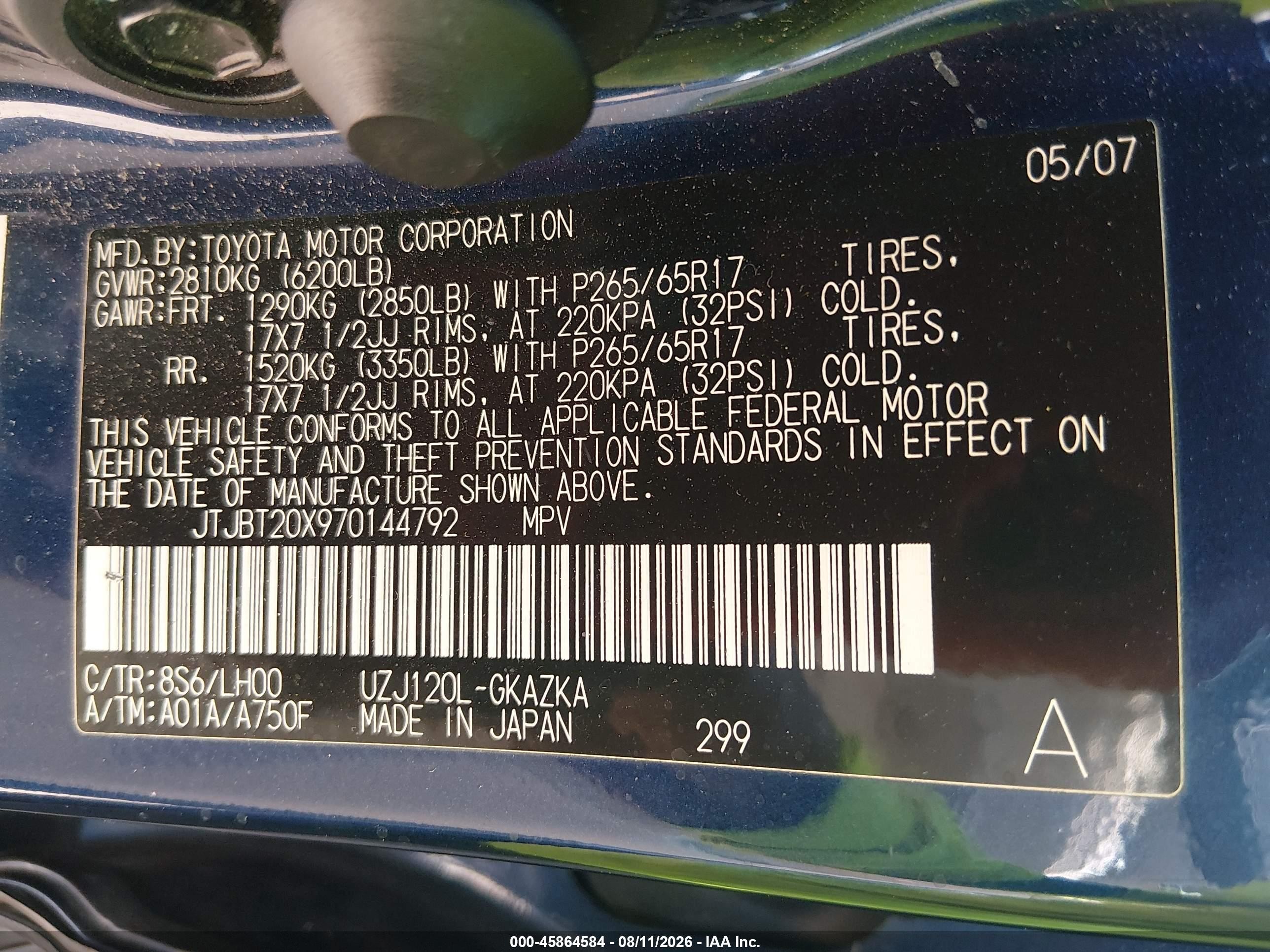 2007 Lexus Gx 470 Blue vin: JTJBT20X970144792