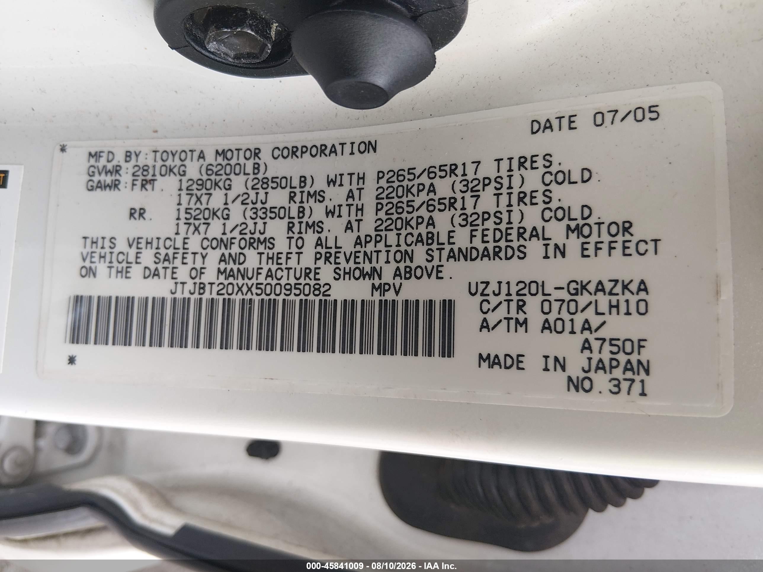2005 Lexus Gx 470   White vin: JTJBT20XX50095082